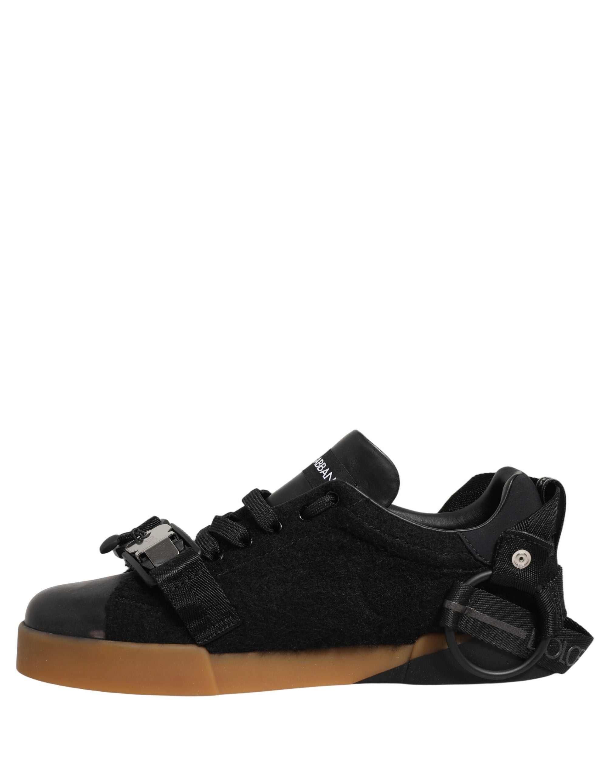 Chaussures sneakers basses en cuir noir Dolce & Gabbana pour homme, vue détaillée du côté et de la semelle.