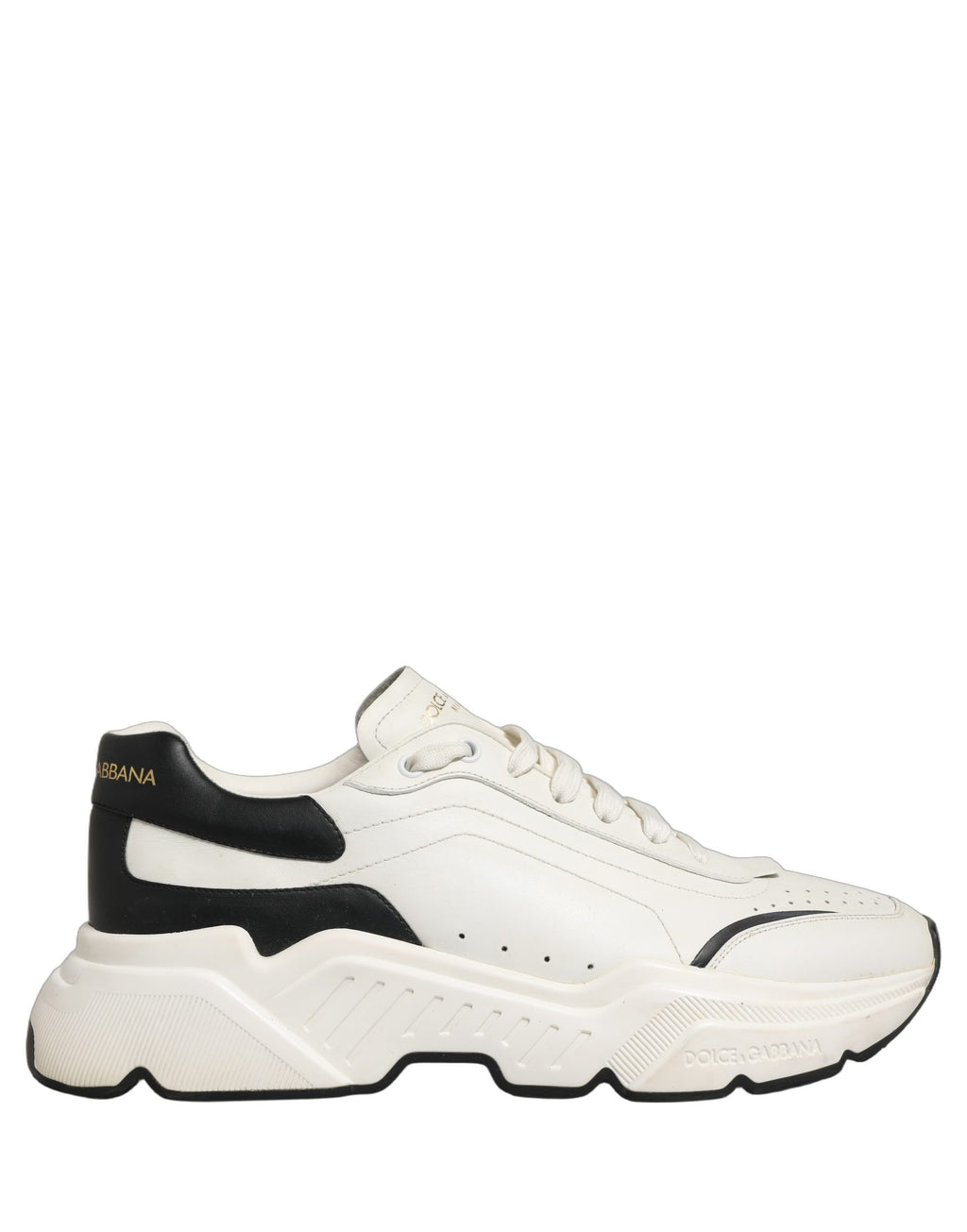 Chaussures sneakers basses Dolce & Gabbana Daymaster blanches et noires, style décontracté, vue de face.