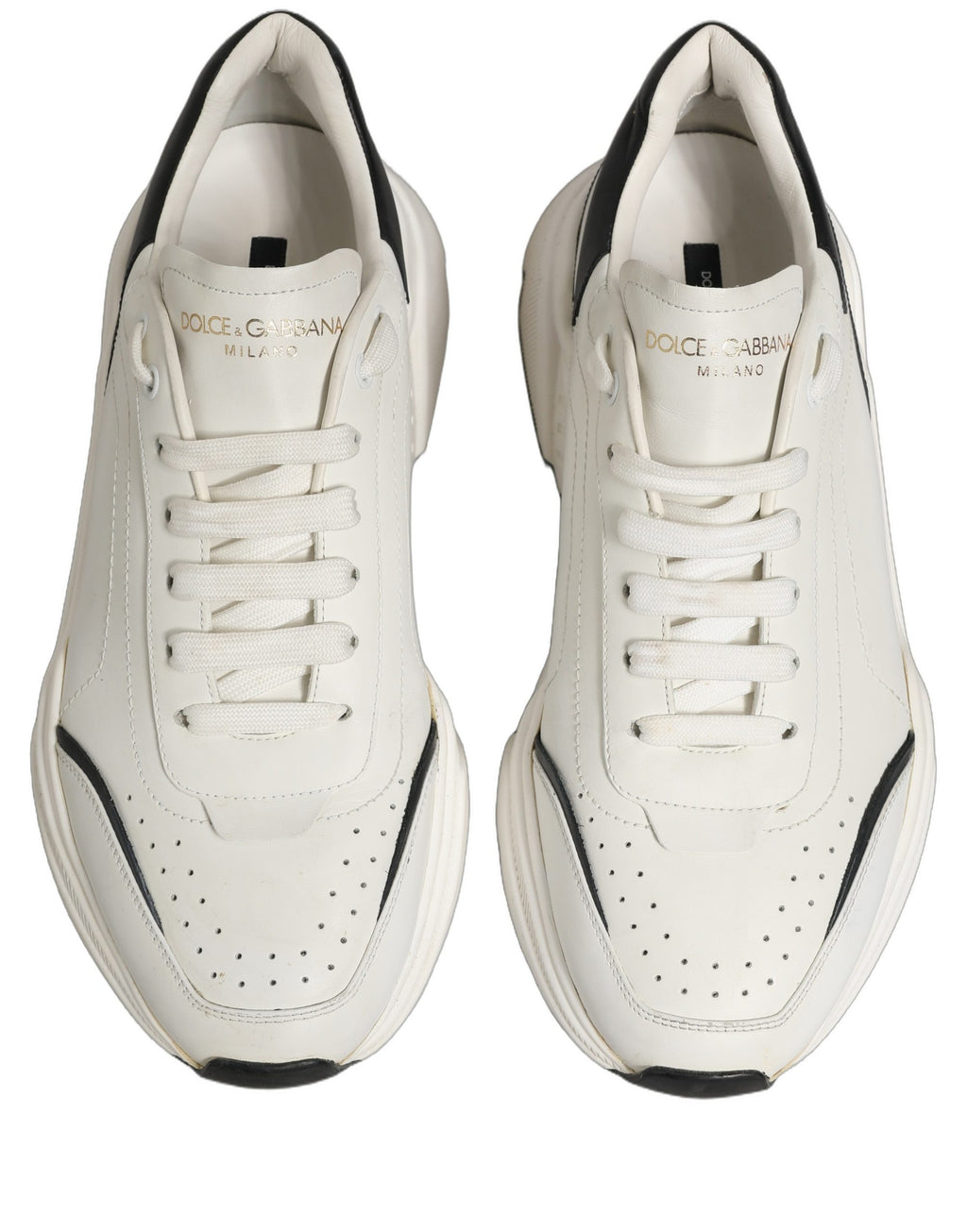 Chaussures sneakers basses Dolce & Gabbana Daymaster en blanc et noir, vue de face avec détails en cuir et design élégant.