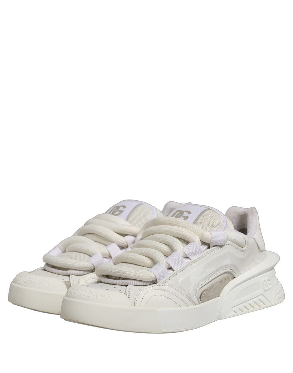 Chaussures sneakers blanches Dolce & Gabbana Portofino Space en cuir, vue de face, avec détails de design modernes.