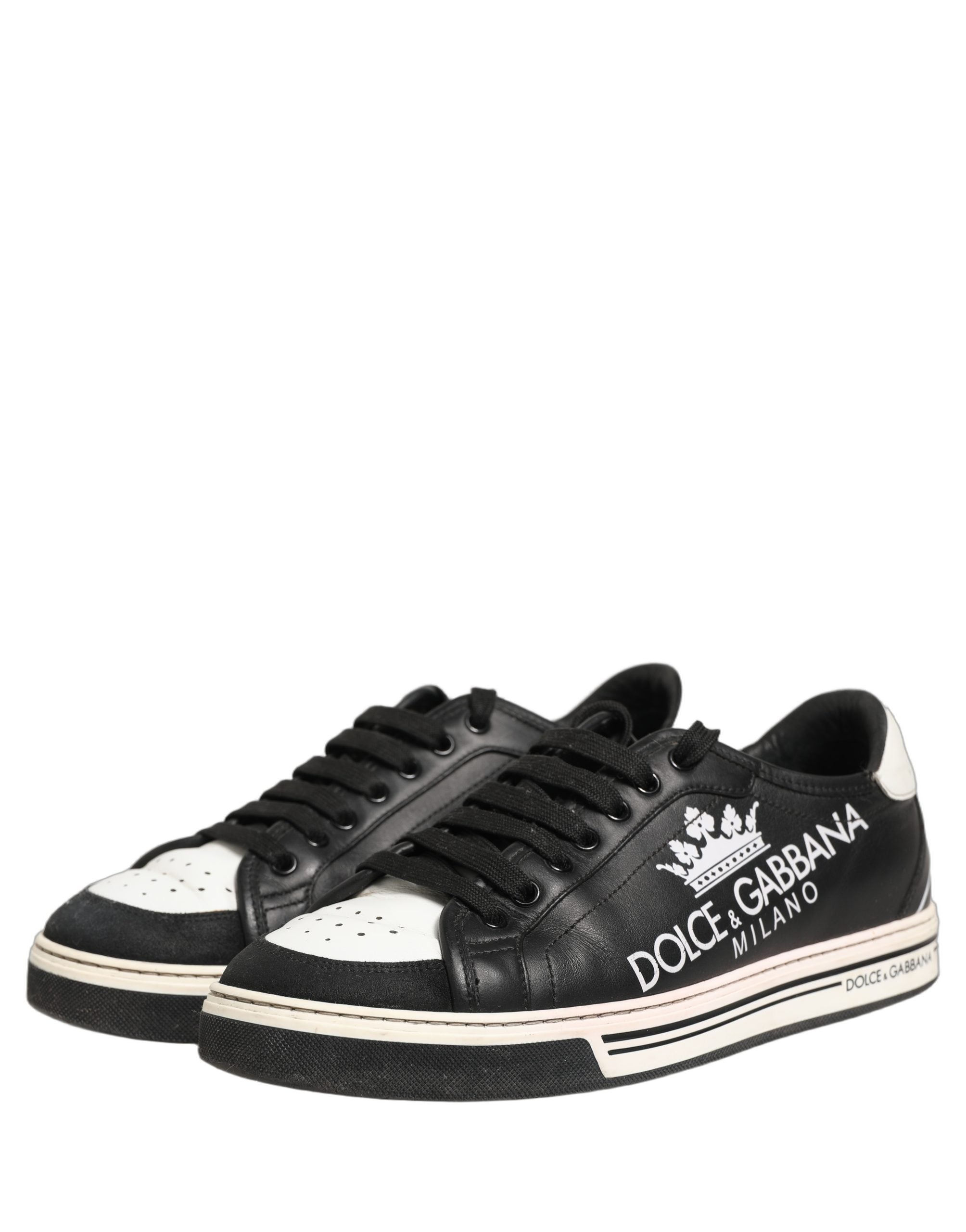 Chaussures sneakers pour homme Dolce & Gabbana, en cuir noir avec couronne motif, style Milano, vue de face