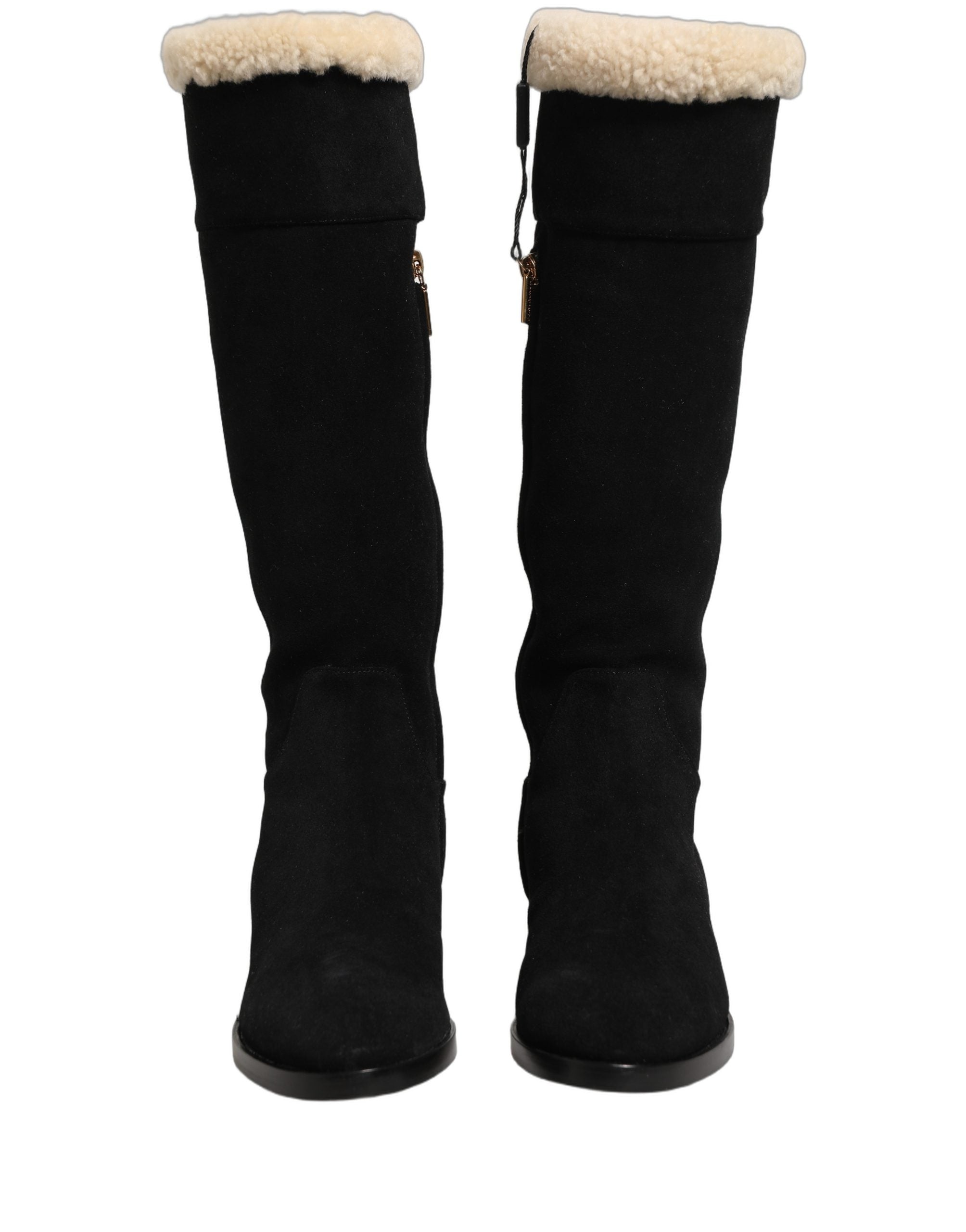 Bottes hautes en cuir suédé noir de la marque Dolce & Gabbana, chaussures élégantes pour femmes.