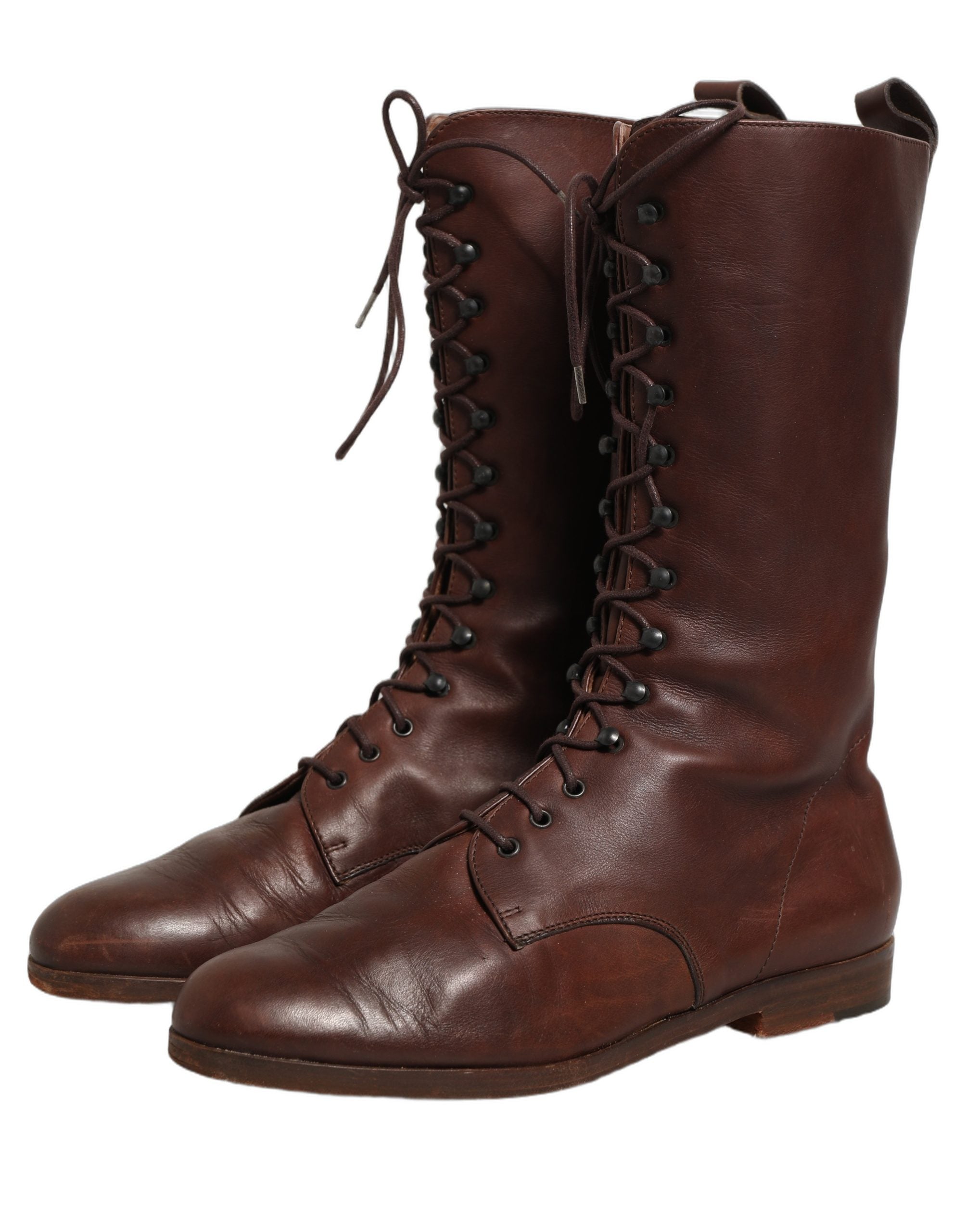 Bottes en cuir marron Dolce & Gabbana, à lacets, mi-mollet, élégantes et sophistiquées pour femme.