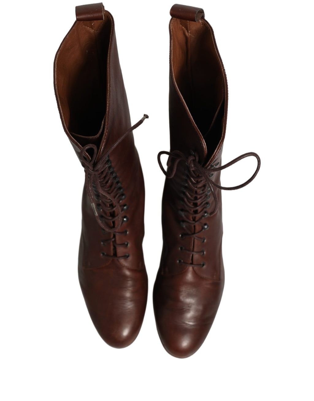 Bottes en cuir marron Dolce & Gabbana, à lacets, mi-mollet, pour femme, avec semelle robuste.