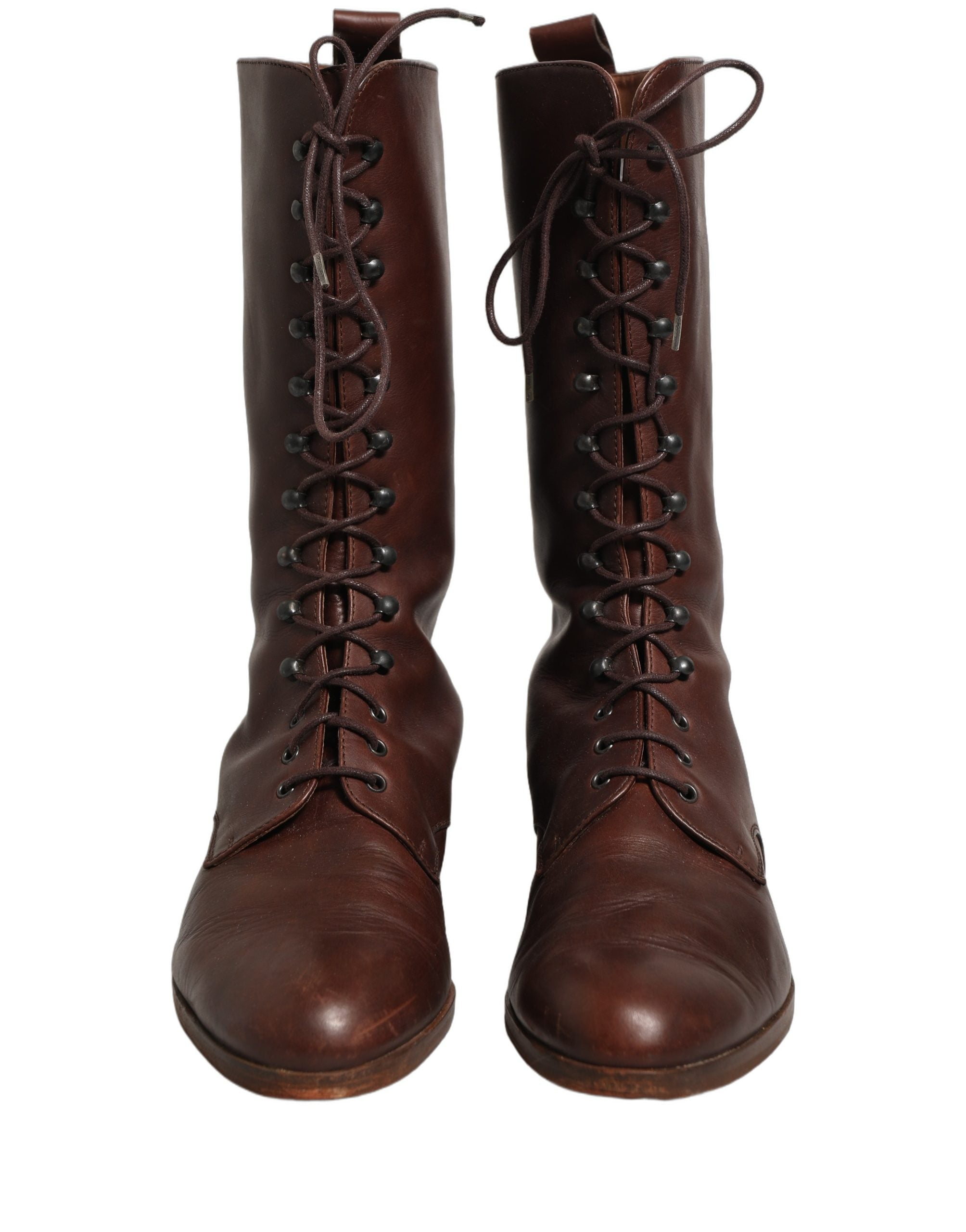 Bottes en cuir marron Dolce & Gabbana, à lacets, mi-mollet, chaussures élégantes pour femme.