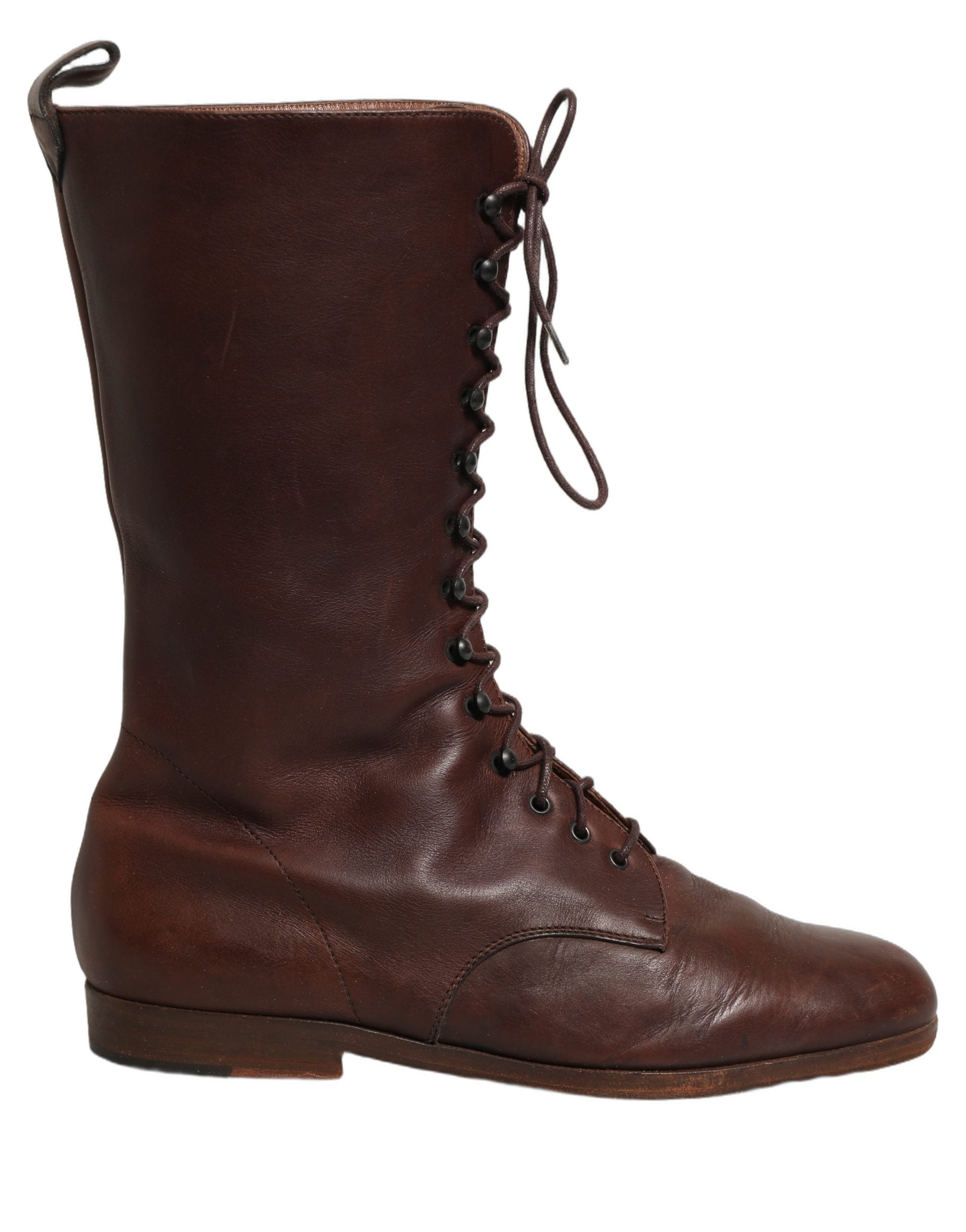 Bottes en cuir brun Dolce & Gabbana, à lacets, jusqu'au mollet, élégantes et classiques pour femme.