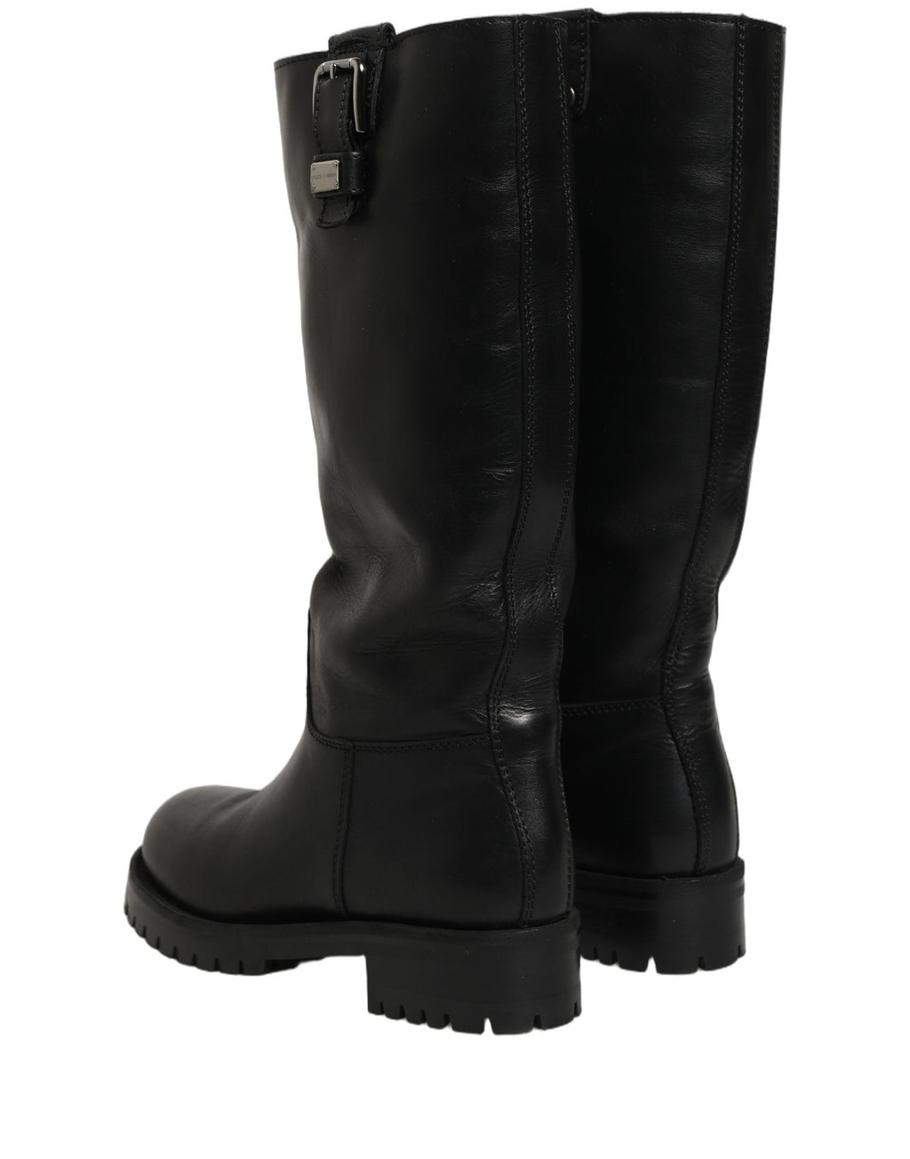 Bottes en cuir noir Dolce & Gabbana avec boucle de détail, mi-mollet, chaussures élégantes pour femmes.