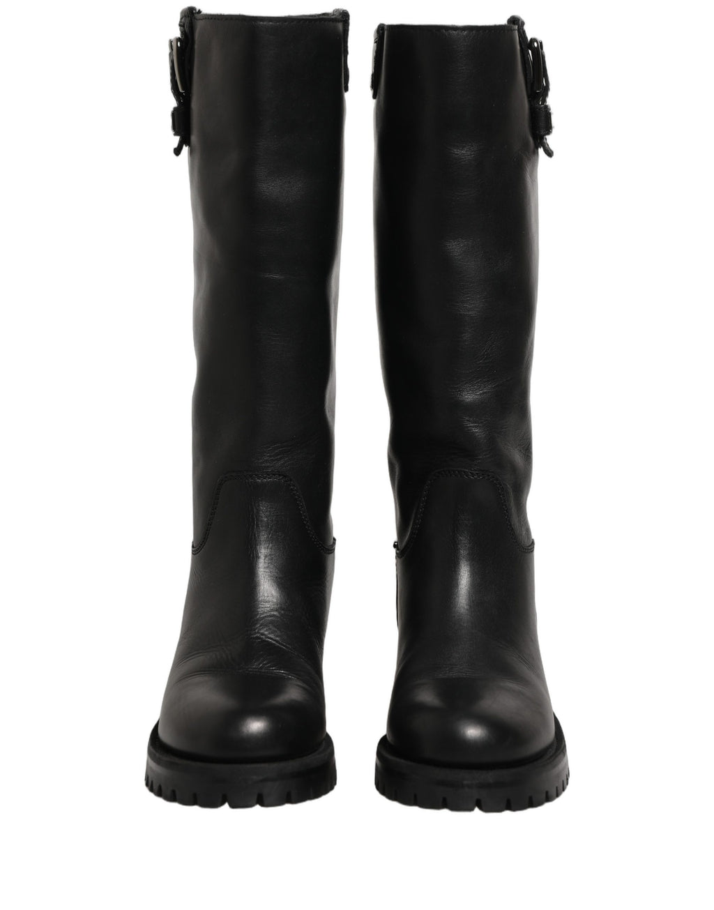 Chaussures Dolce & Gabbana en cuir noir, bottines mi-mollet avec boucle élégante, style sophistiqué et moderne.