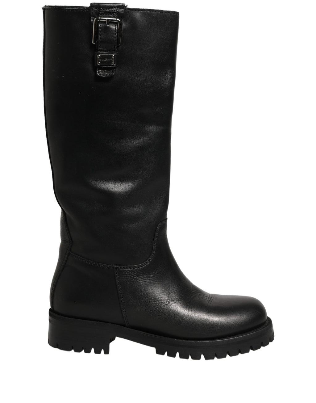 Bottes mi-mollet en cuir noir Dolce & Gabbana avec boucle décorative et design élégant, vues de face sur fond neutre.