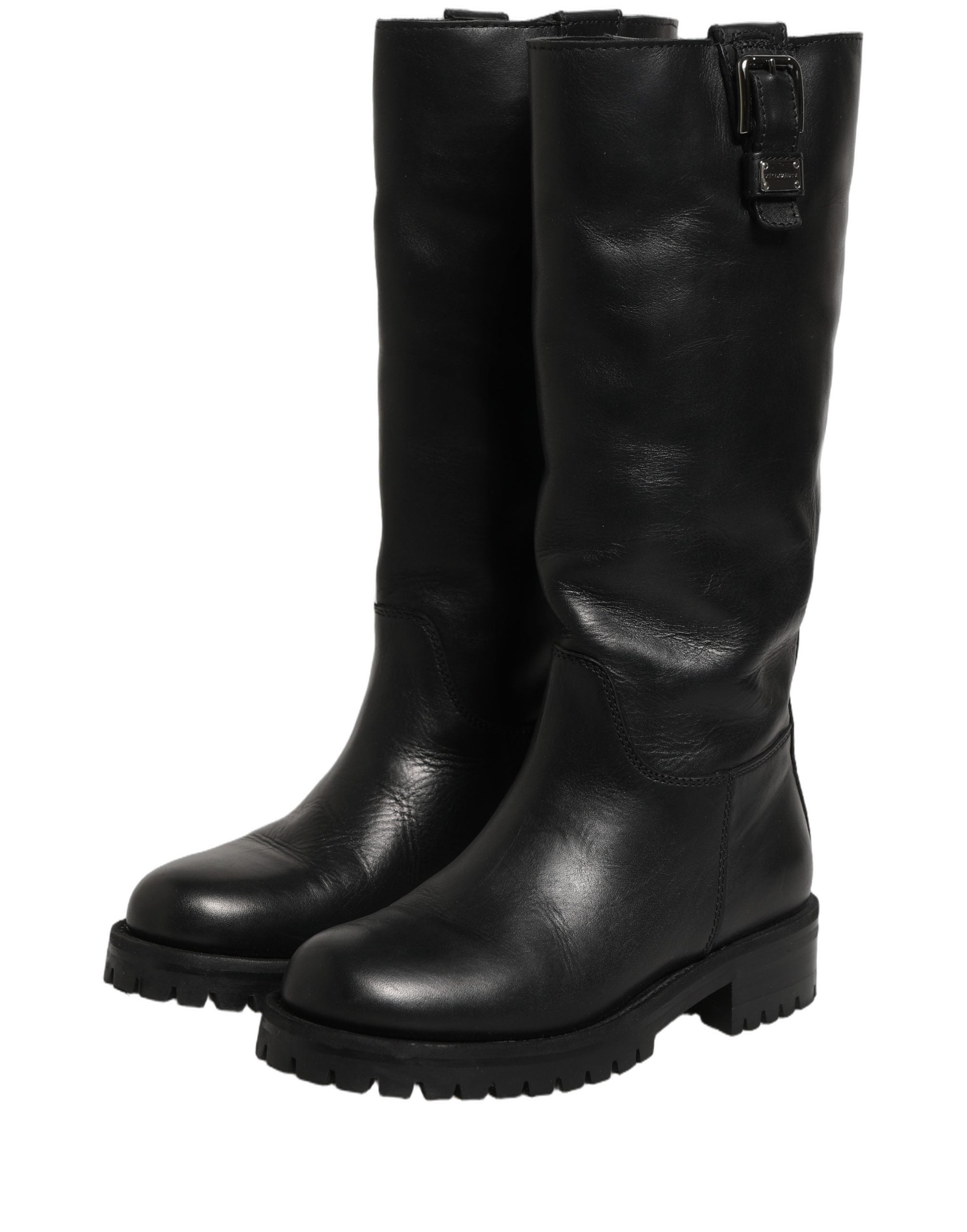 Bottes Dolce & Gabbana en cuir noir avec boucle, mi-mollet, chaussures élégantes et sophistiquées.