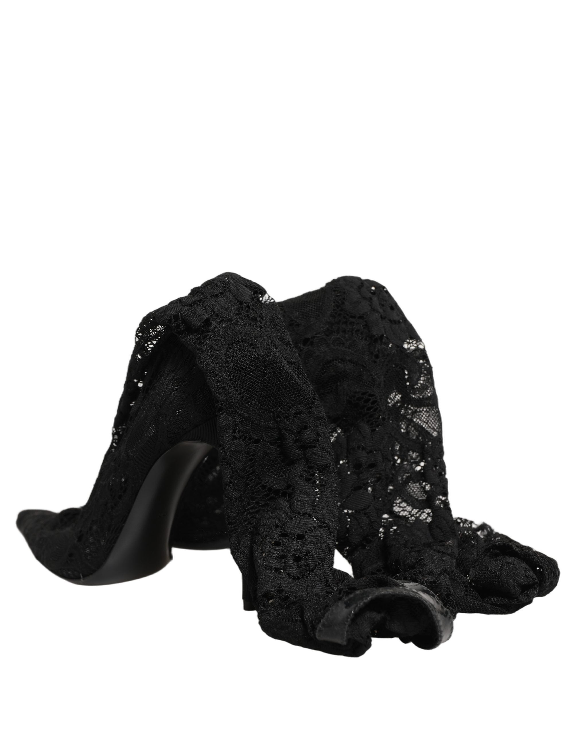 Chaussures Dolce & Gabbana Taormina en dentelle noire avec bottines à talons et semelle en cuir.