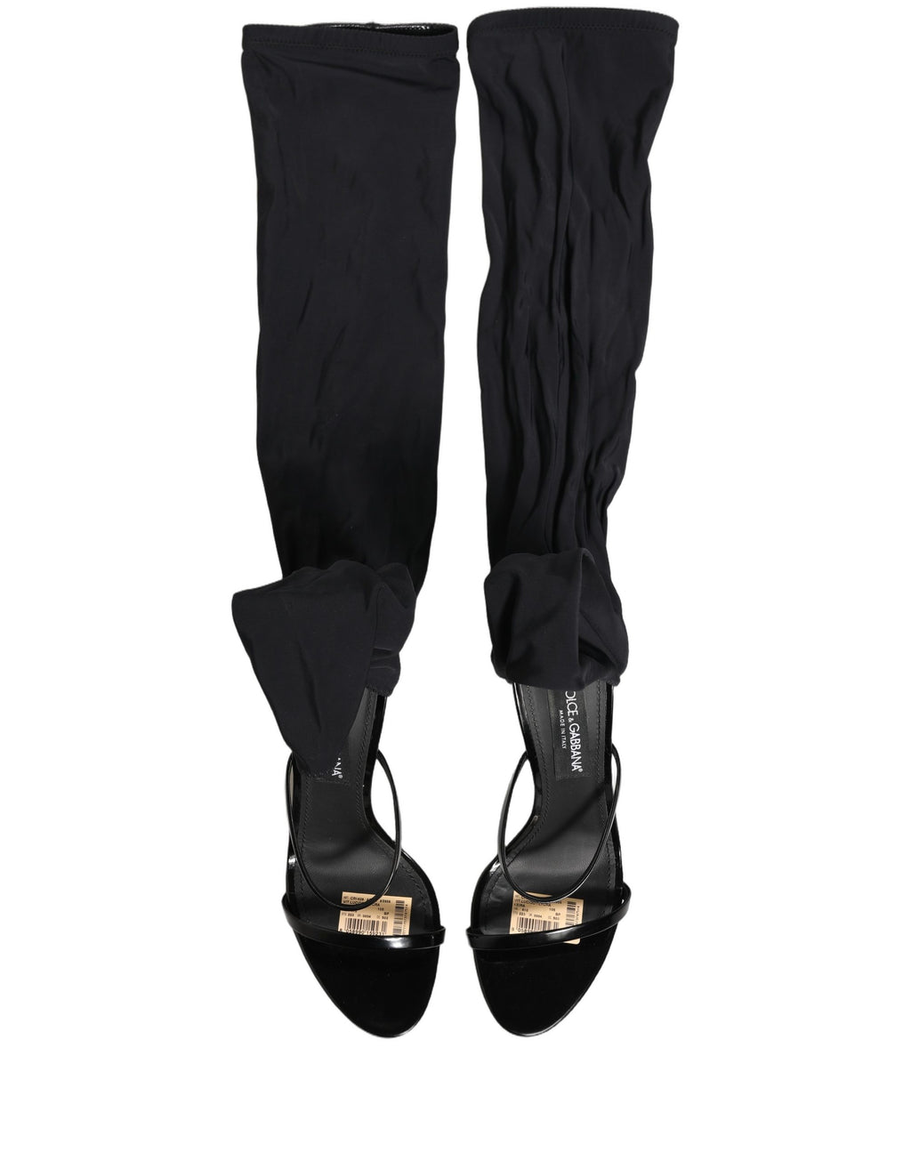 Sandales stilettos Dolce & Gabbana avec chaussettes, bottes hautes noires, élégantes et sophistiquées, vues de face.