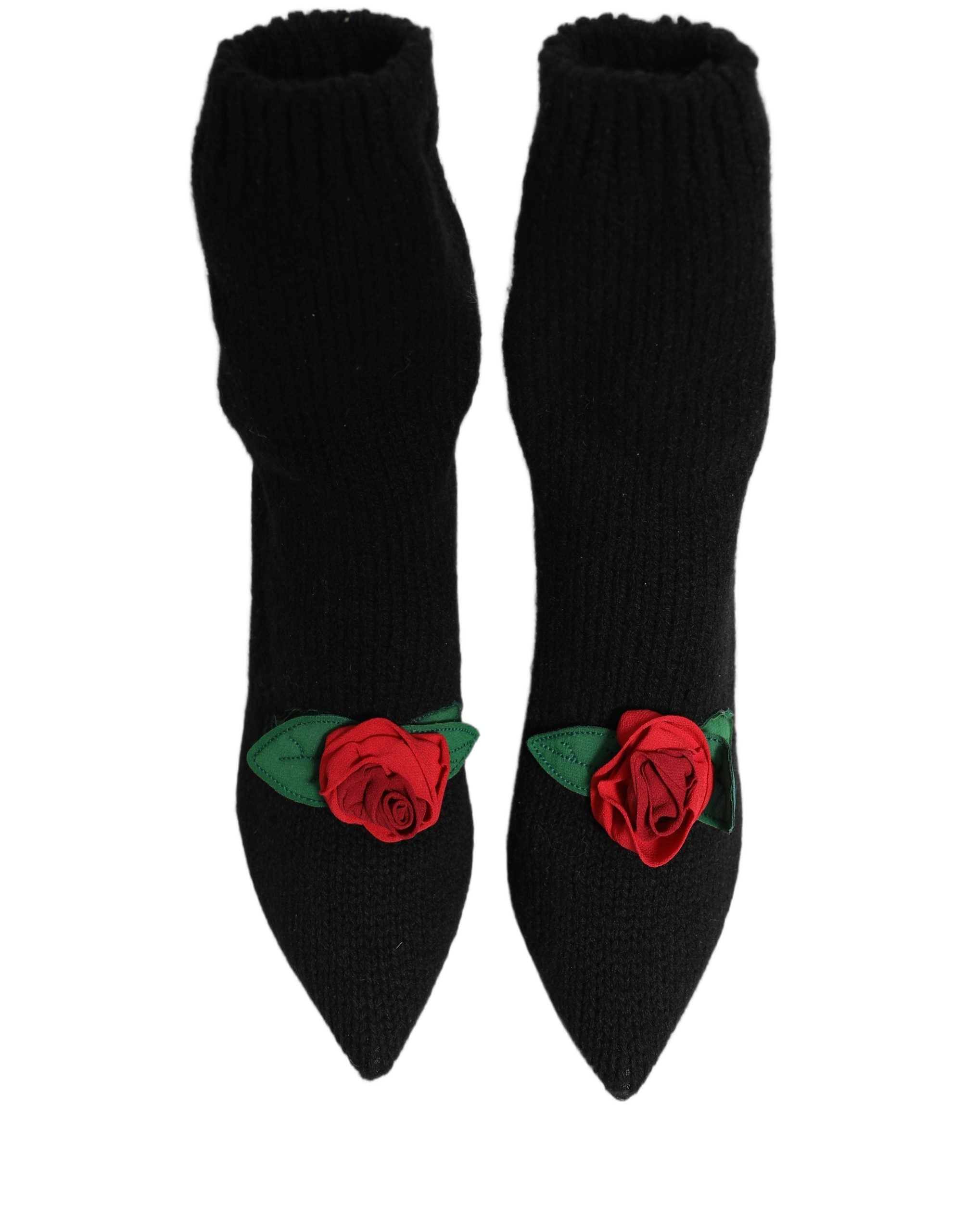 Chaussures Dolce & Gabbana, bottines à talons aiguilles noires, mi-mollet, en cuir avec semelle élégante.