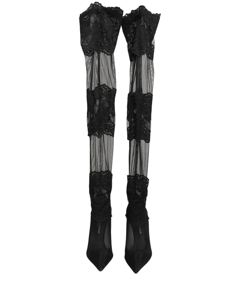 Bottes Dolce & Gabbana noires, cuissardes avec talons, style élégant, en cuir, montrant la vue de côté et en détail.