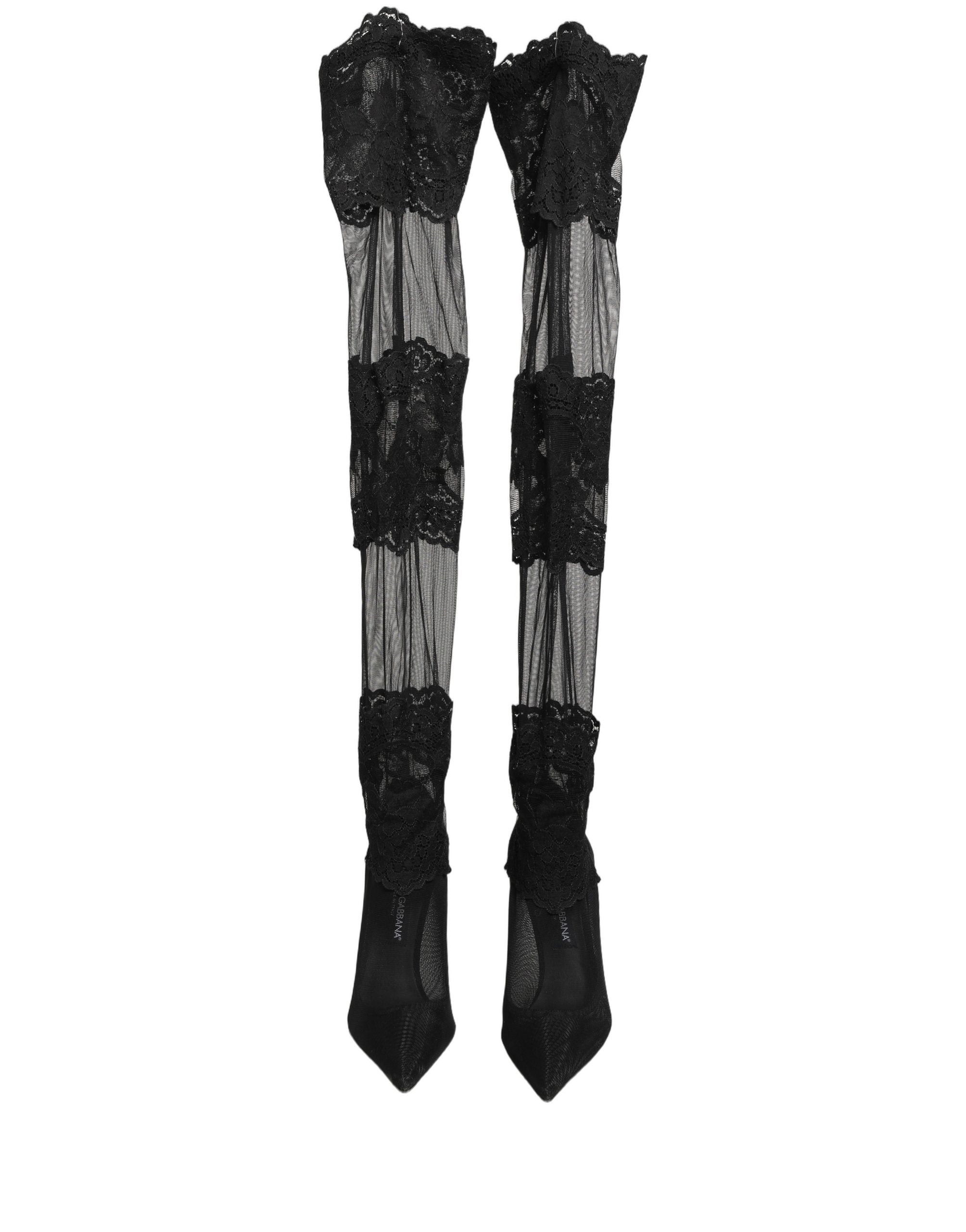 Bottes Dolce & Gabbana noires, cuissardes avec talons, style élégant, en cuir, montrant la vue de côté et en détail.