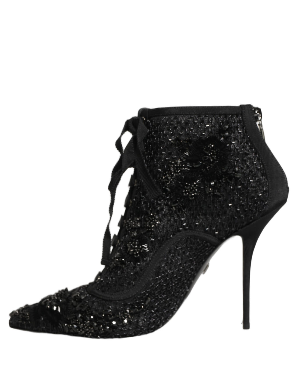 Bottes à talons ankle en mesh noir de Dolce & Gabbana avec embellissements élégants, style sophistiqué et tendance.