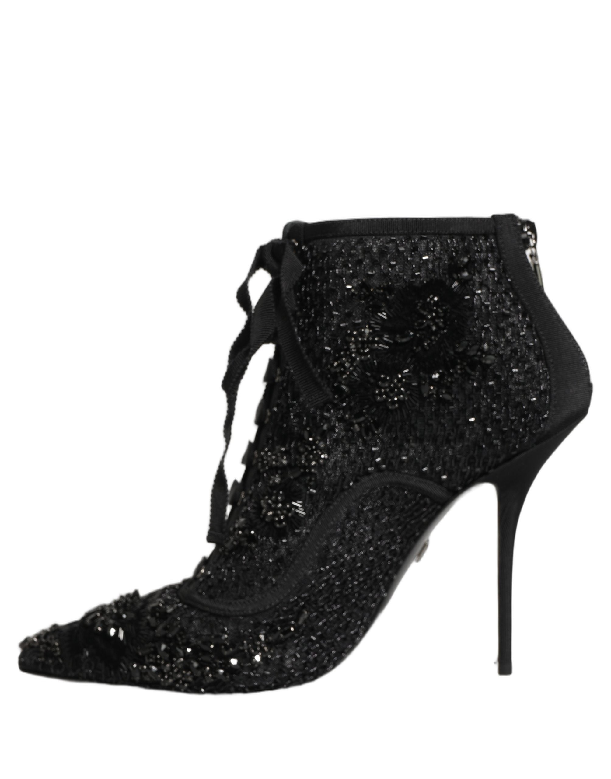 Bottes à talons ankle en mesh noir de Dolce & Gabbana avec embellissements élégants, style sophistiqué et tendance.