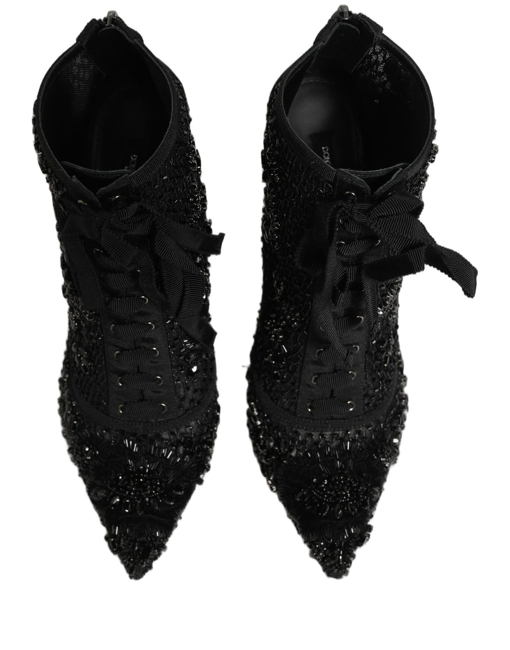 Bottes à talons ankle en mesh noir Dolce & Gabbana avec embellissements, style élégant et sophistiqué.