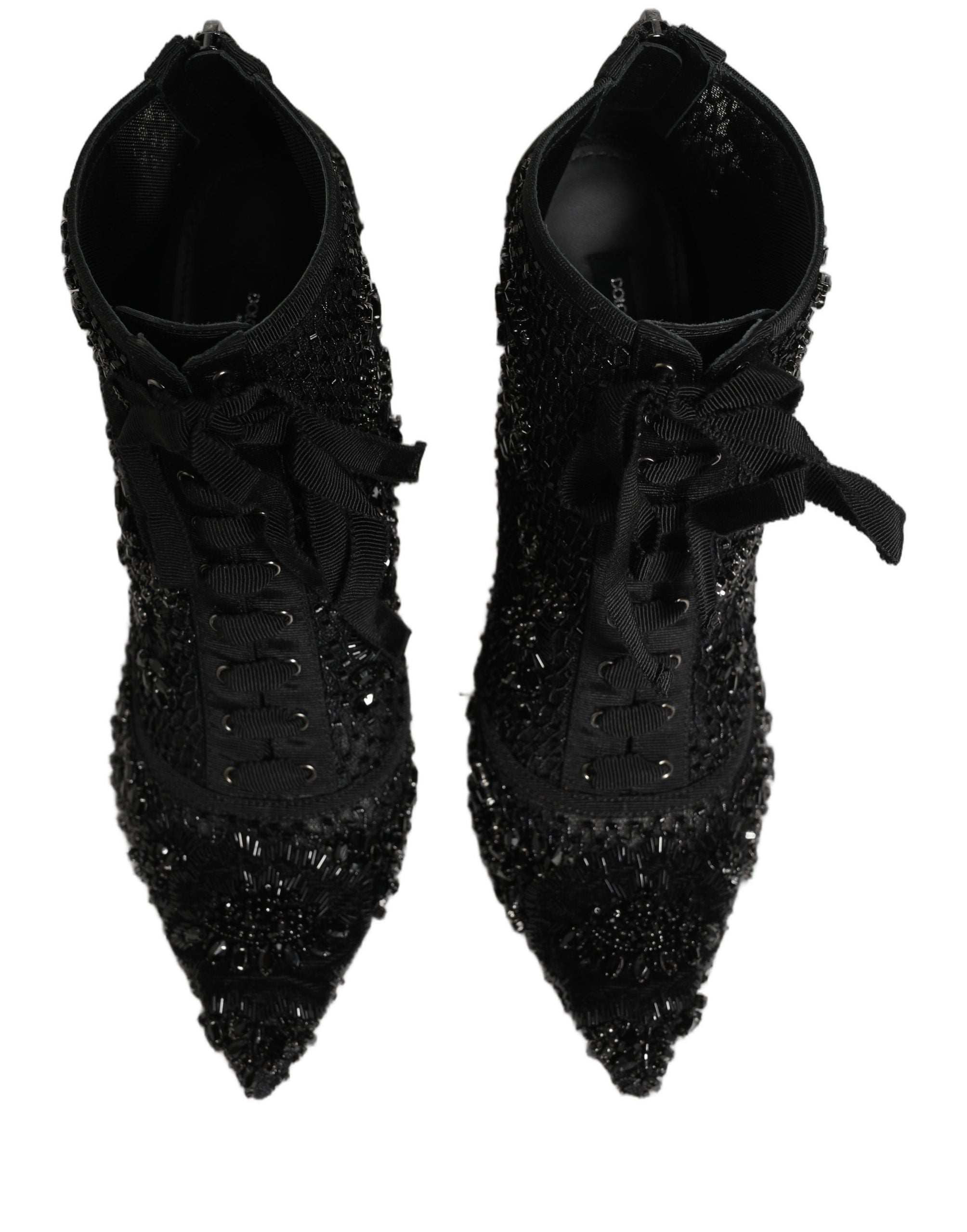 Bottes à talons ankle en mesh noir Dolce & Gabbana avec embellissements, style élégant et sophistiqué.