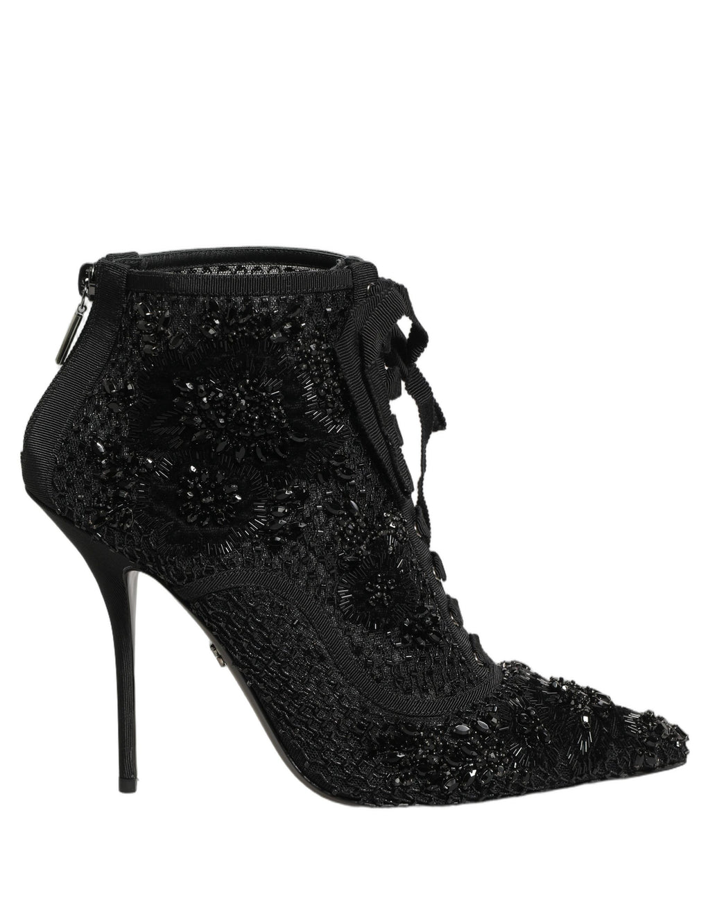 Bottes ankle en mesh noir Dolce & Gabbana avec embellissements, semelle en cuir et design élégant et sophistiqué.