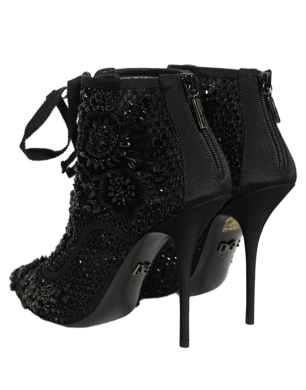 Bottes ankle en mesh noir Dolce & Gabbana embellies avec détails en strass et talons, style élégant et sophistiqué.