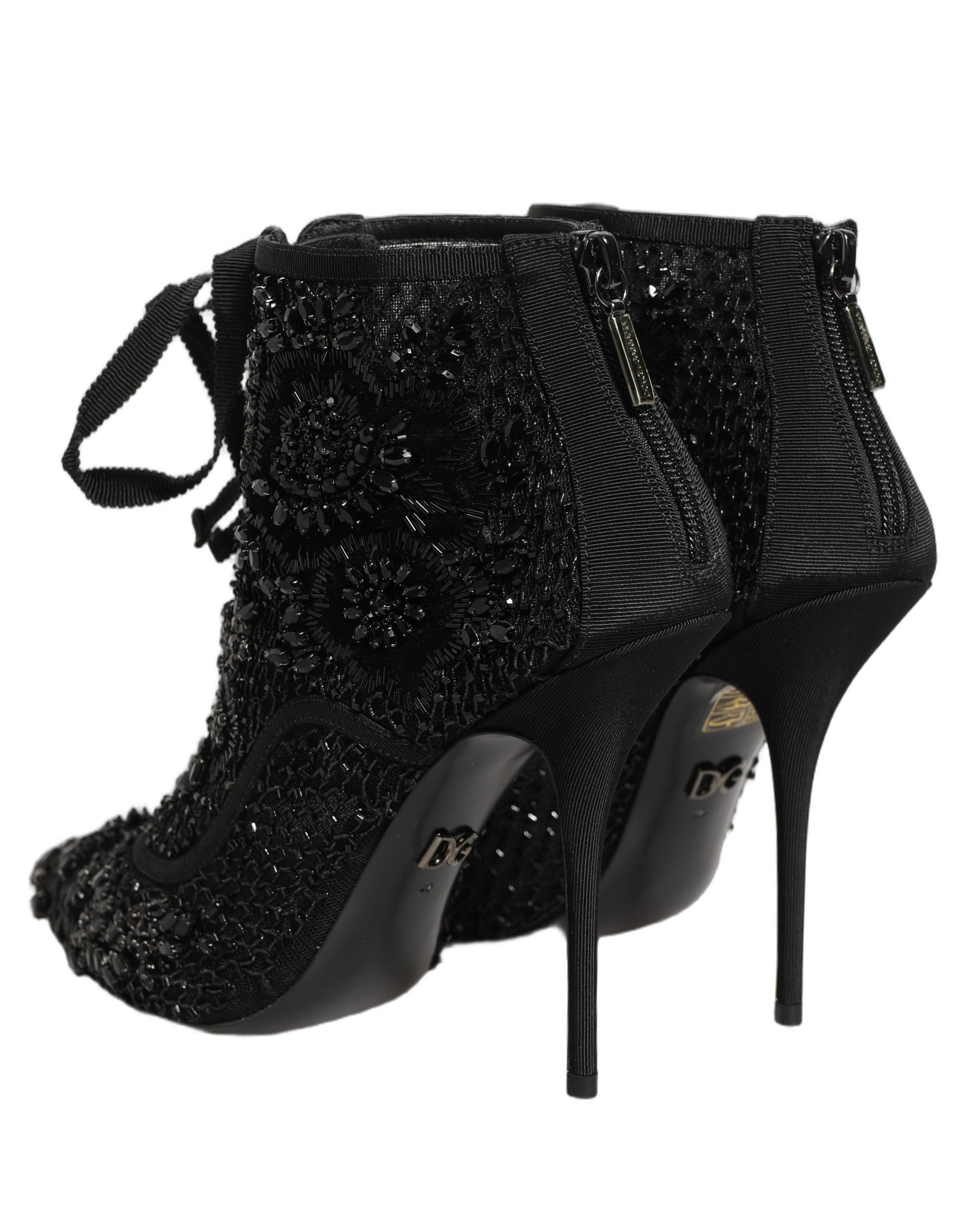 Bottes ankle en mesh noir Dolce & Gabbana embellies avec détails en strass et talons, style élégant et sophistiqué.
