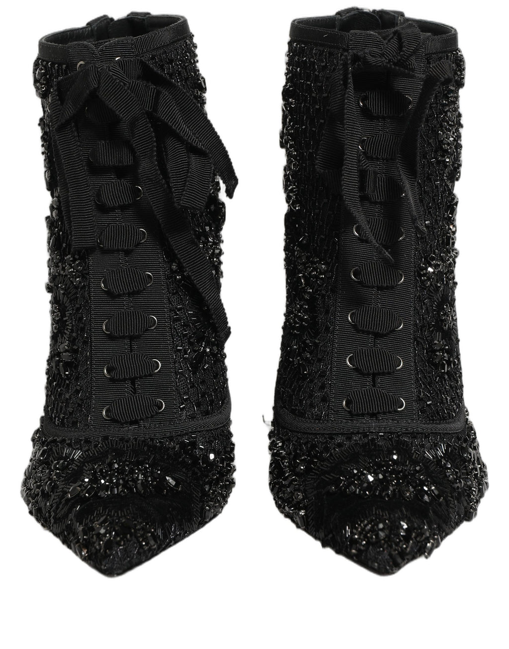 Bottes ankle en mesh noir Dolce & Gabbana ornées de détails brillants, élégantes chaussures à talons pour femmes.