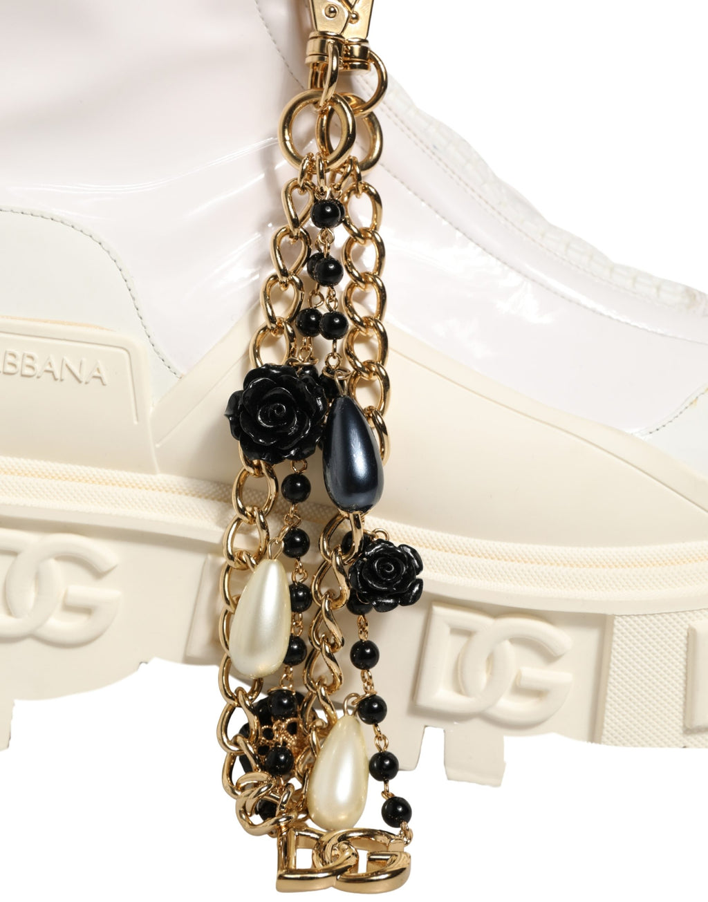 Bottines blanches en cuir et caoutchouc Dolce & Gabbana avec logo, semelle antidérapante et design élégant pour femmes.
