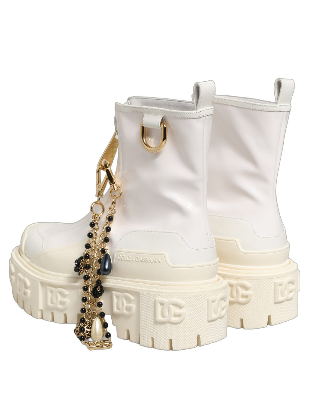 Bottines blanches en cuir et caoutchouc Dolce & Gabbana avec logo, semelle antidérapante, style élégant et moderne.