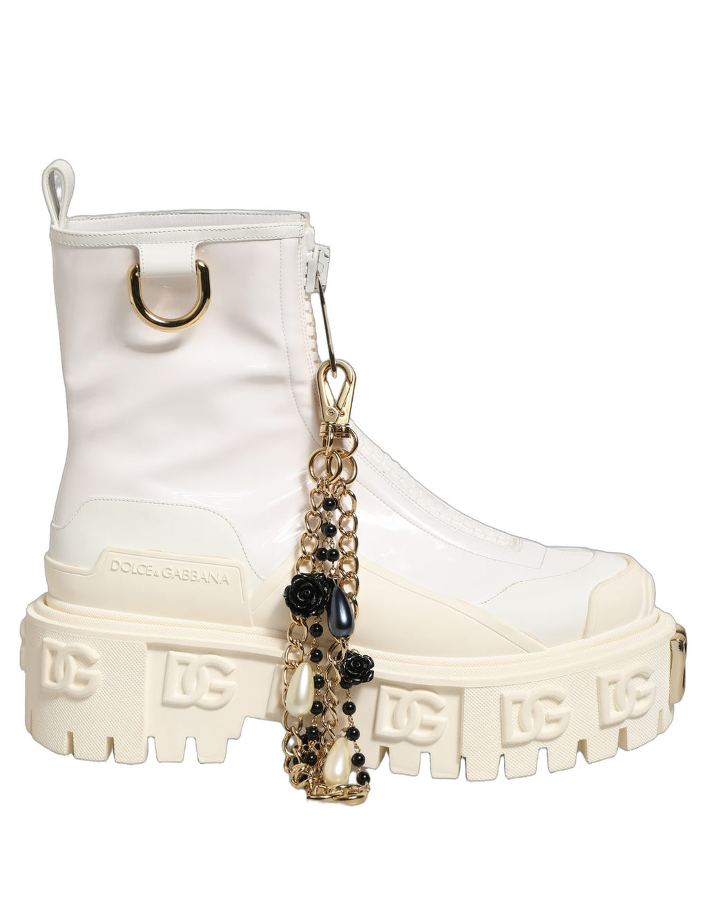 Bottes ankle blanches en cuir et caoutchouc Dolce & Gabbana avec logo, style élégant et moderne.