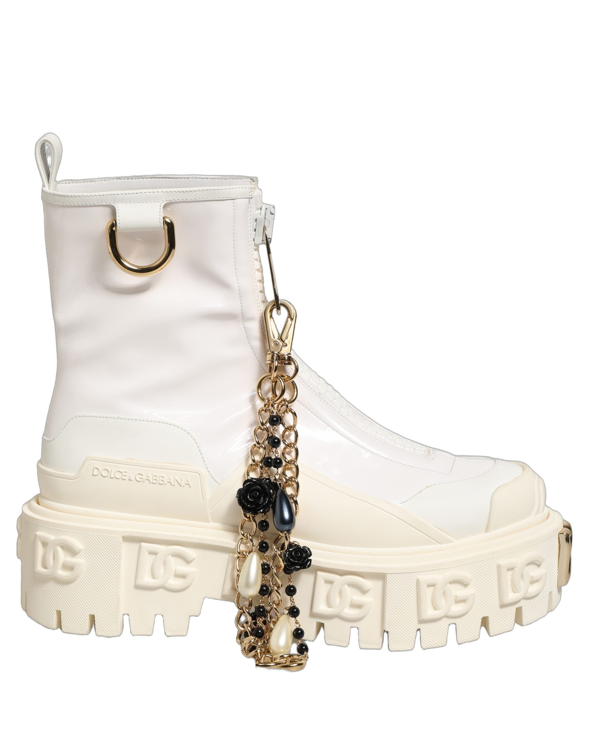 Bottes ankle blanches en cuir et caoutchouc Dolce & Gabbana avec logo, style élégant et moderne.