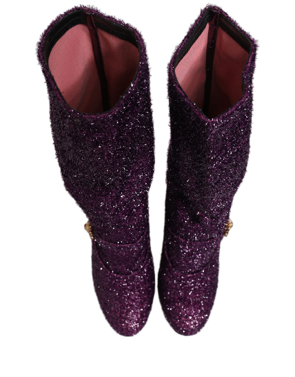 Bottes Dolce & Gabbana en lurex violet avec cristaux, style fantaisie et glamour, chaussures à la mode pour femmes élégantes.