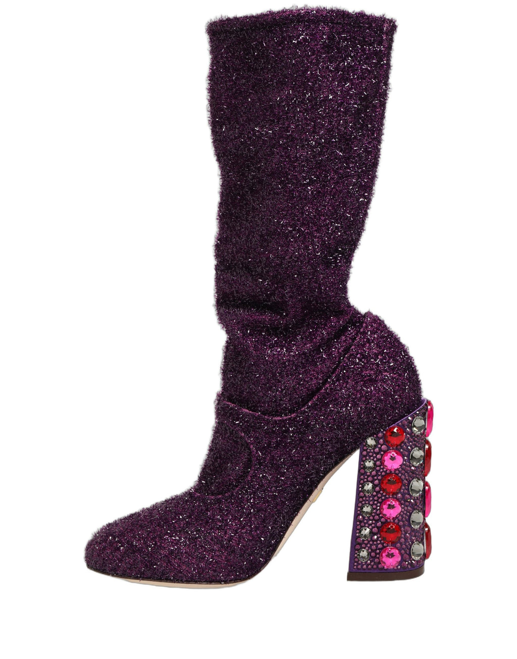 Bottes fantaisie en lurex violet avec cristaux, chaussures Dolce & Gabbana, style élégant et sophistiqué.