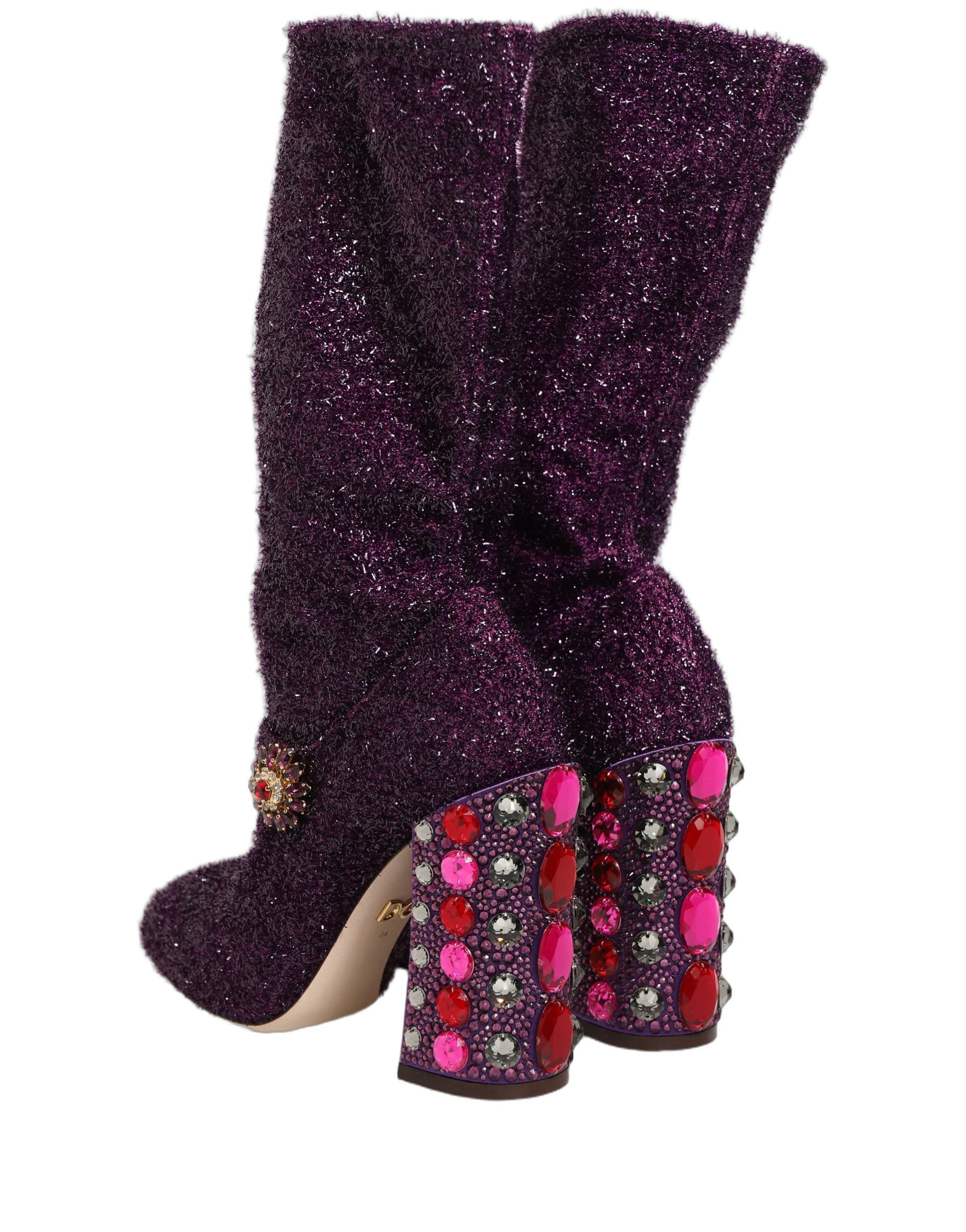 Chaussures bottines Dolce & Gabbana en lurex violet avec cristaux, style fantaisie et élégant.