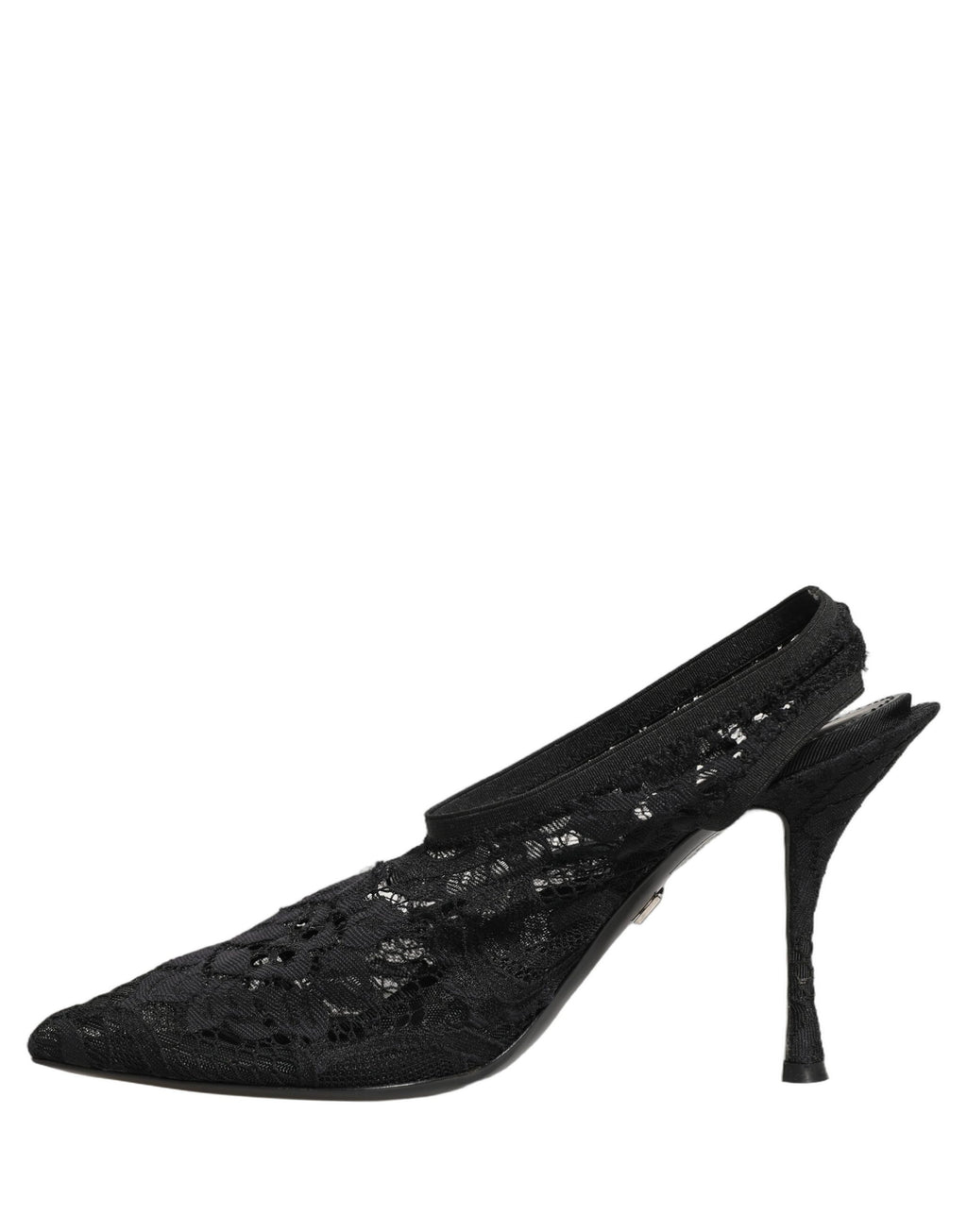 Chaussures Dolce & Gabbana à talons aiguilles noirs en dentelle, ballerines à talon pointu et bride arrière élégante.