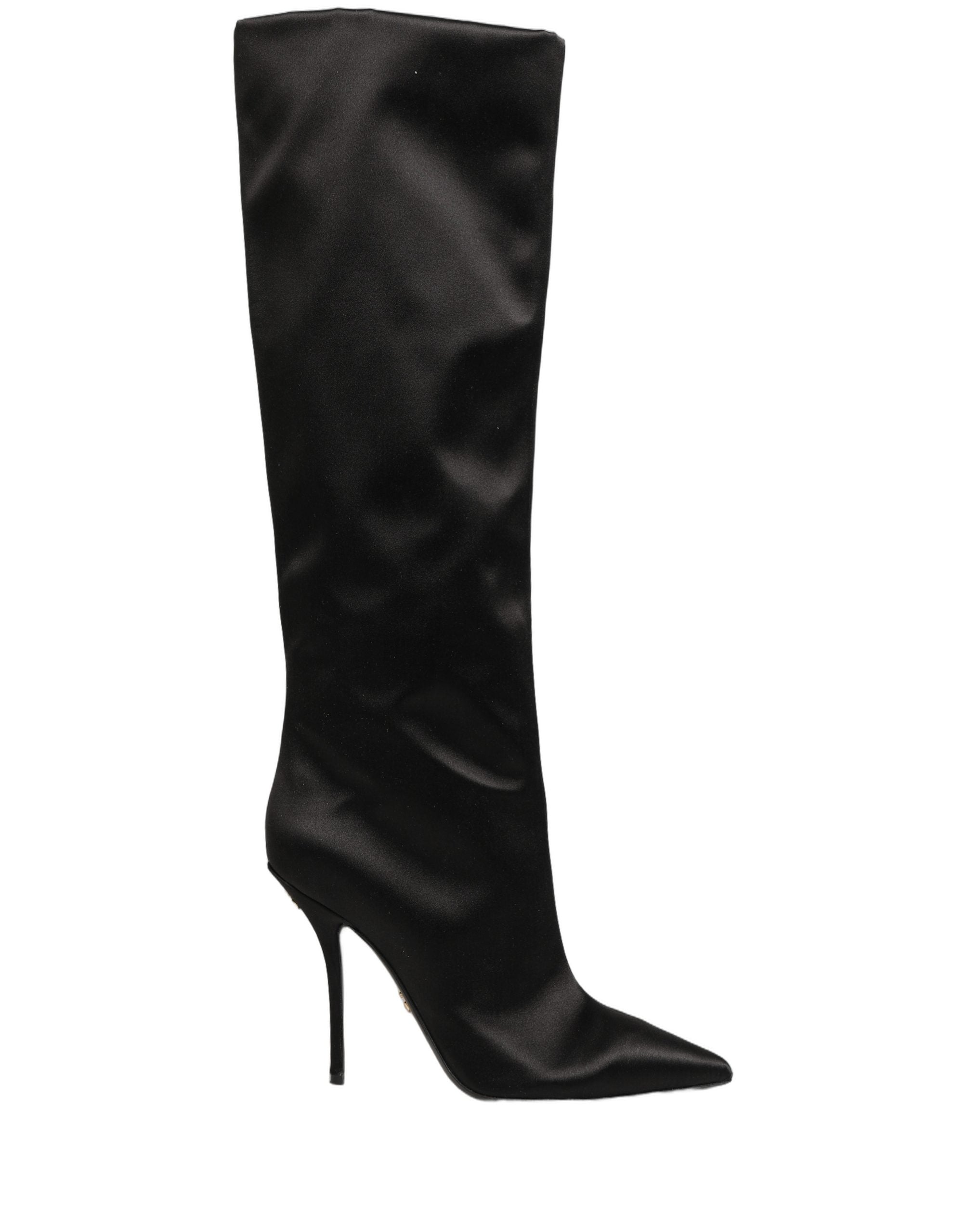 Bottes hautes en satin noir Dolce & Gabbana avec talon aiguille et design élégant, chaussures à la mode pour femmes.