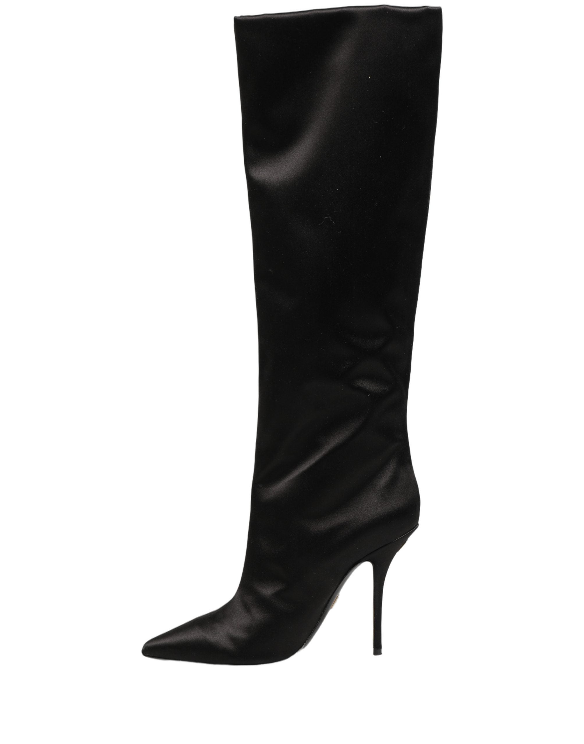 Bottes noires en satin Dolce & Gabbana, cuisses hautes et talons stilettos, élégantes et sophistiquées.