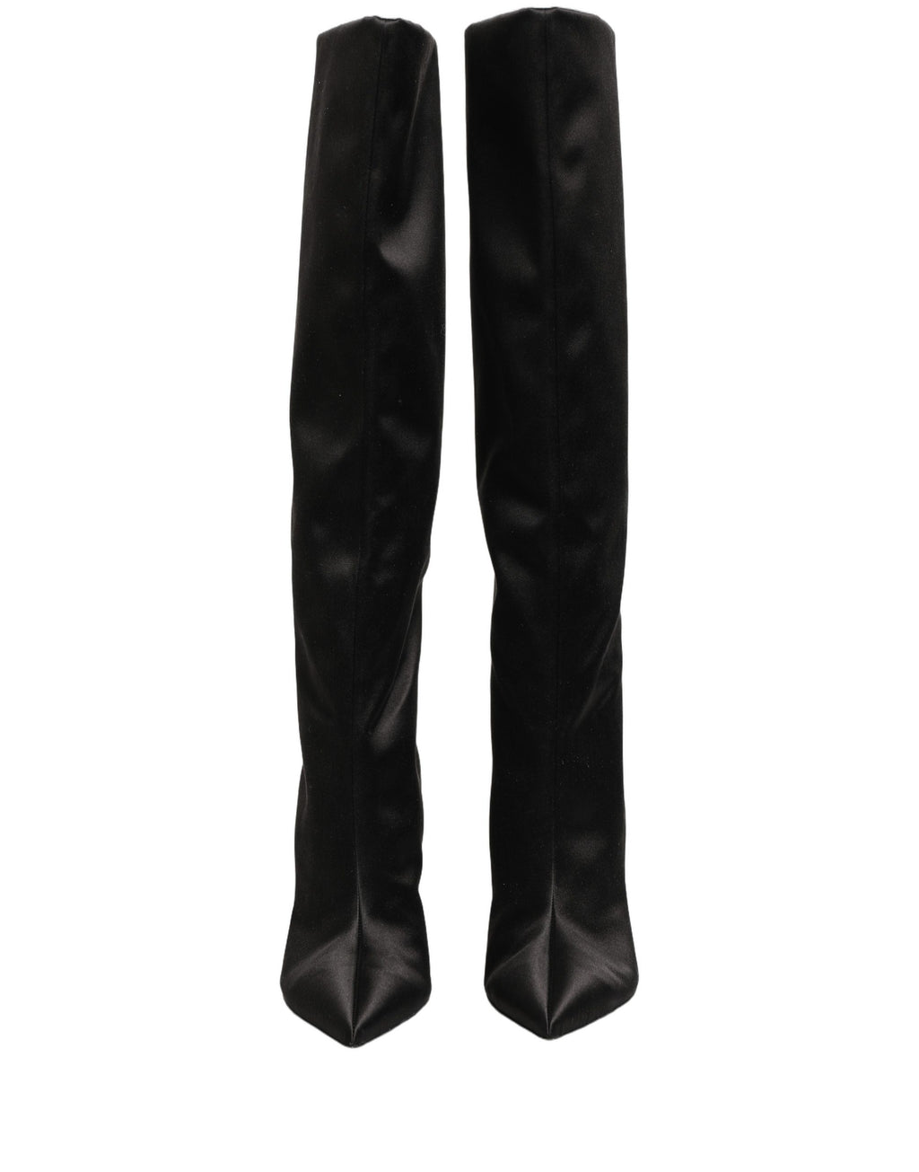 Bottes en satin noir Dolce & Gabbana, cuissardes à talons aiguilles stilettos, élégantes et sophistiquées.