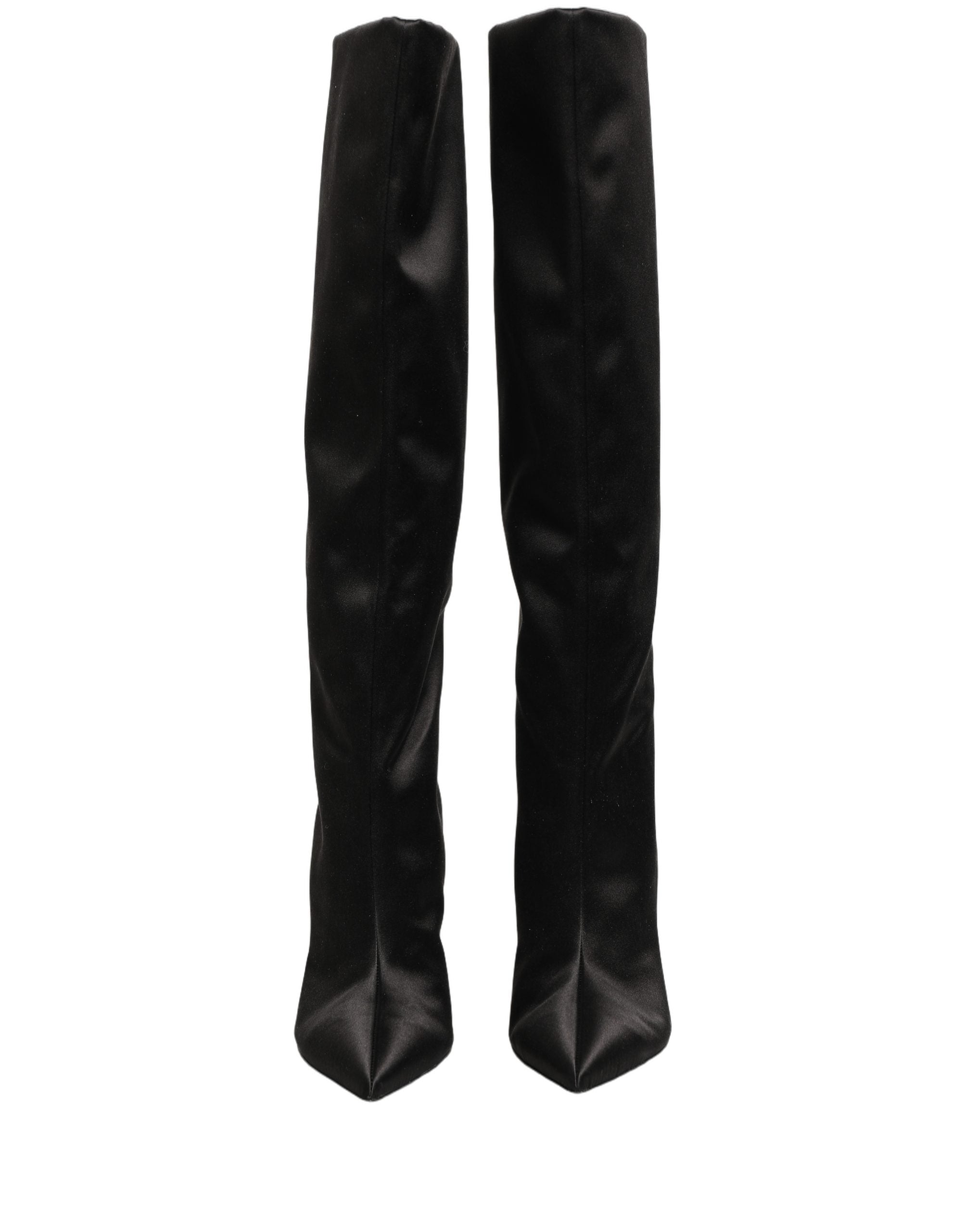 Bottes en satin noir Dolce & Gabbana, cuissardes à talons aiguilles stilettos, élégantes et sophistiquées.