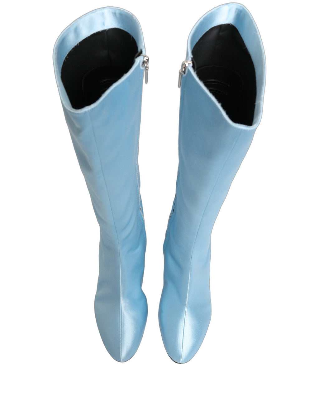 Bottes en satin Dolce & Gabbana Light Blue, hauteur genou, chaussures élégantes avec finition lisse et sophistiquée.