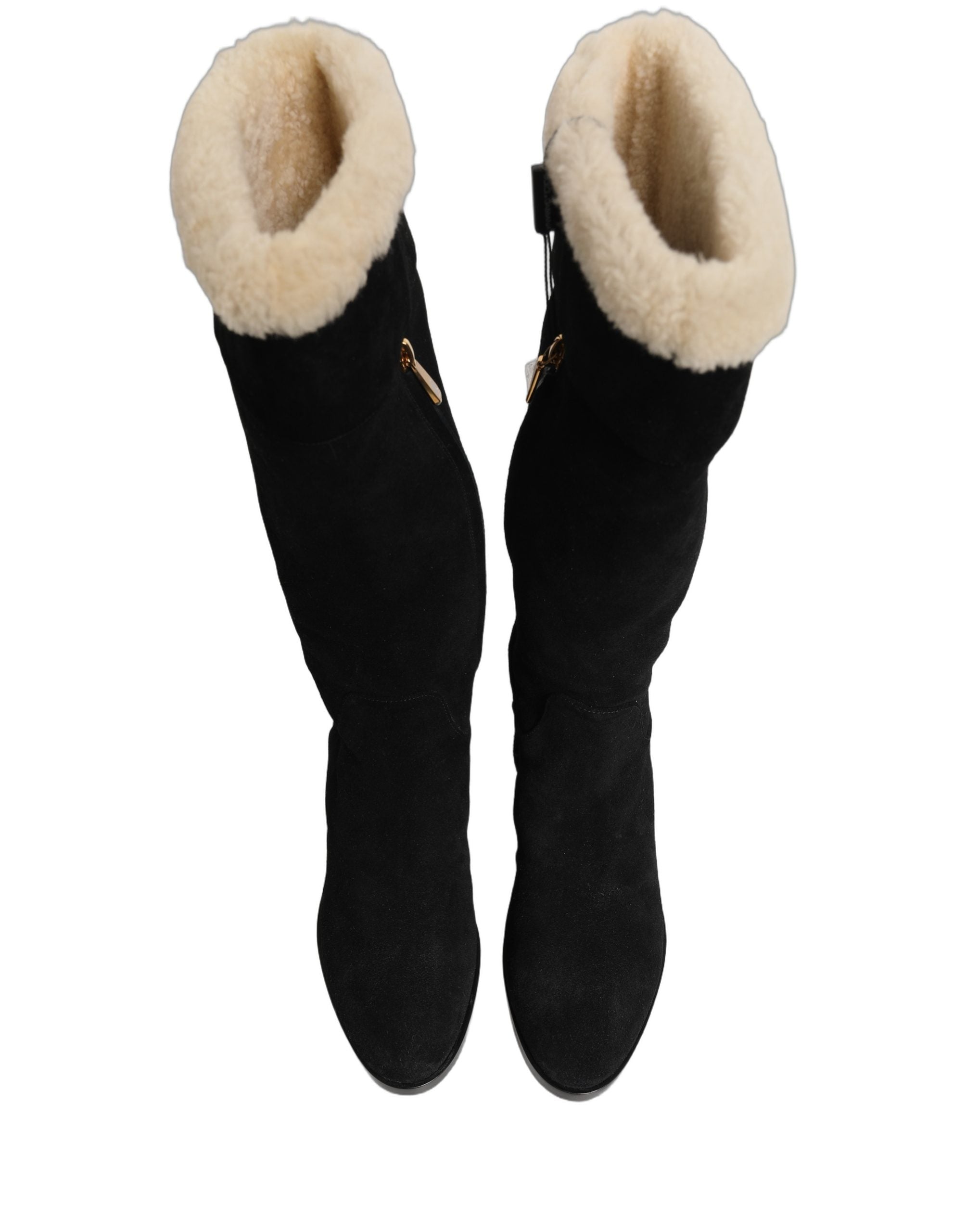 Bottes hautes en cuir suédé noir de Dolce & Gabbana, élégantes et sophistiquées, parfaites pour un look chic et moderne.