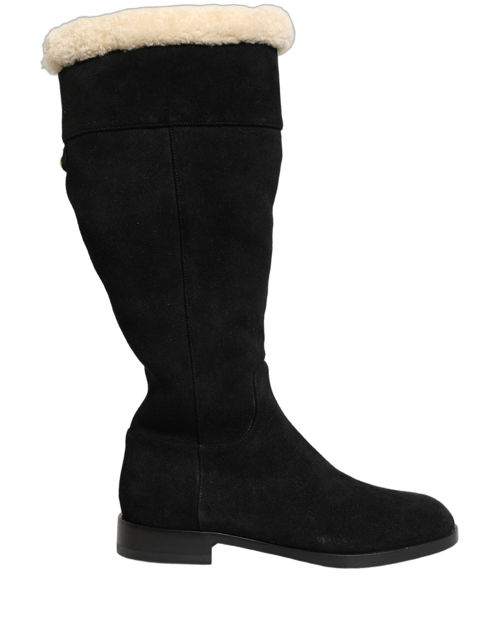 Bottes en cuir suédé noir Dolce & Gabbana, hauteur genou, avec talon élégant et détails sophistiqués visibles sur l'image.