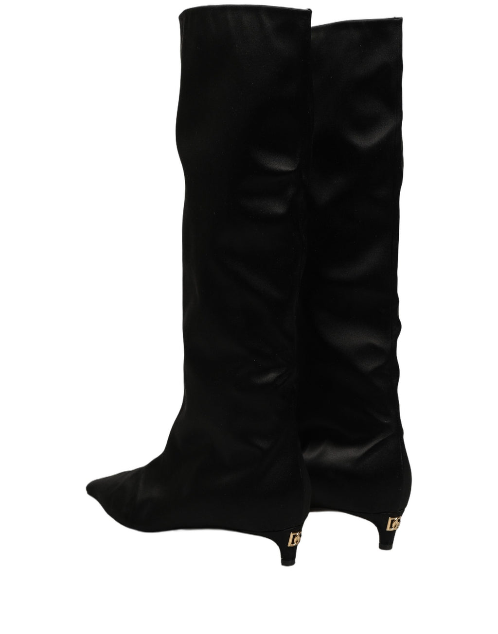 Bottes hautes en satin noir Dolce & Gabbana, bottes à talon moyen, style élégant et sophistiqué.
