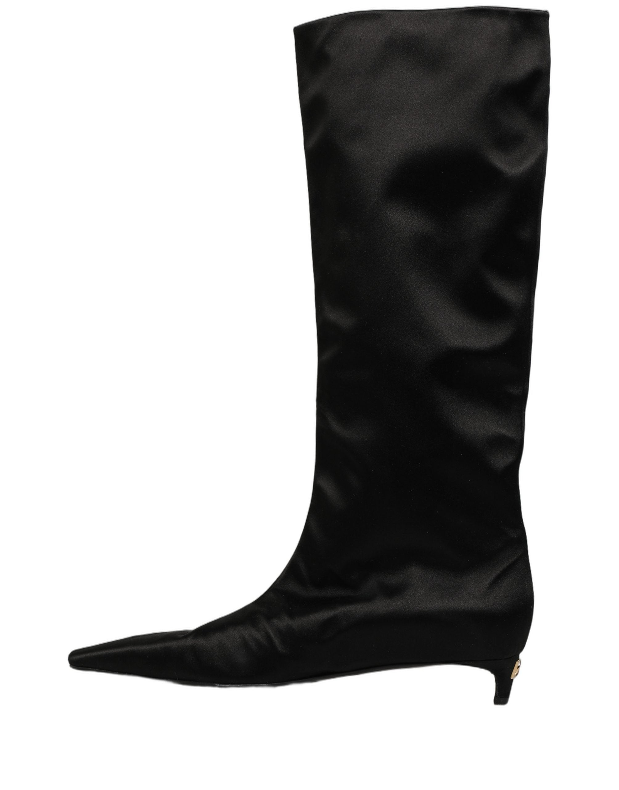 Bottes hautes en satin noir Dolce & Gabbana, bottines à talon bas et élégants, pour femmes.