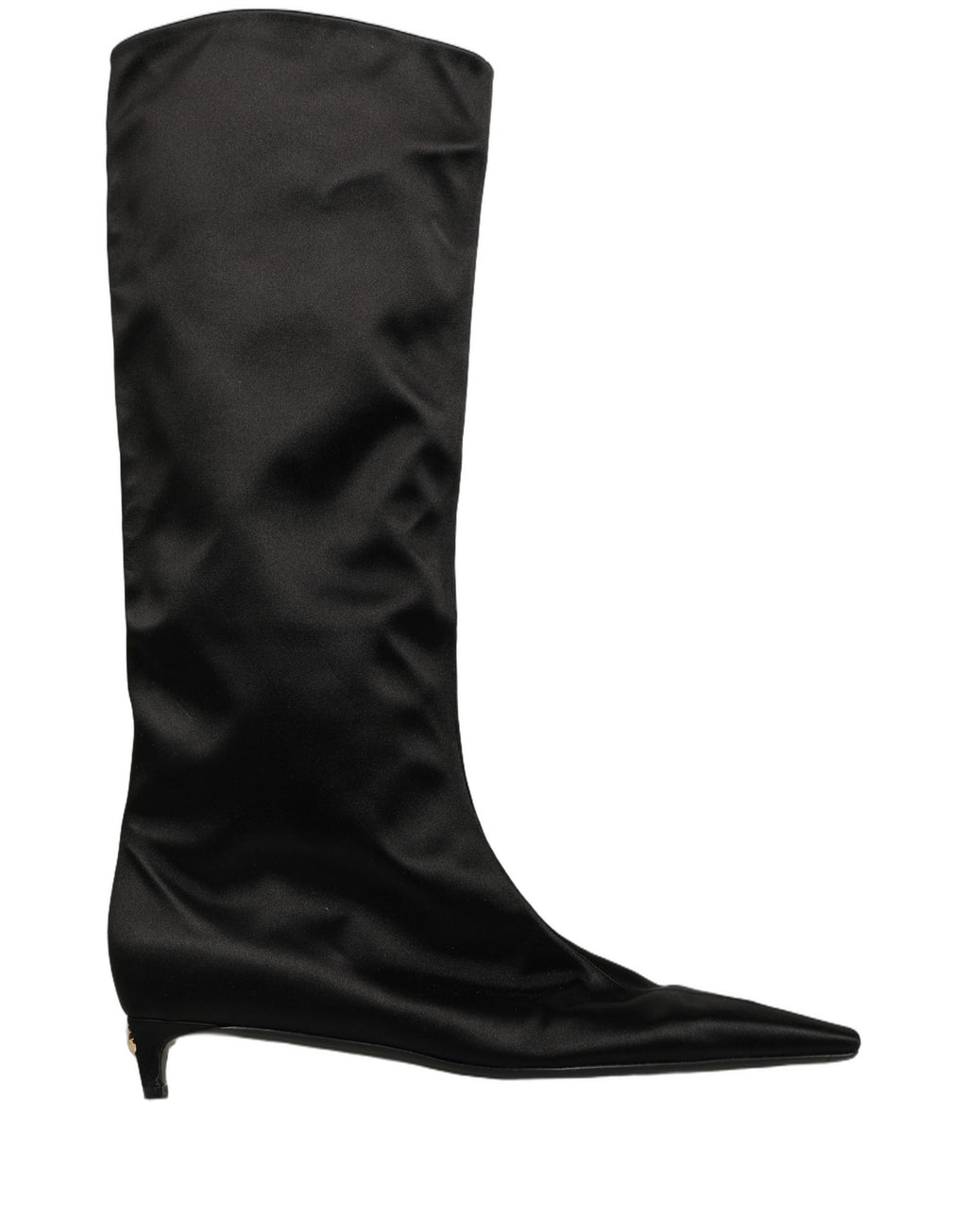 Bottes hautes en satin noir Dolce & Gabbana, bottines à talon moyen, élégantes et sophistiquées, pour femme.