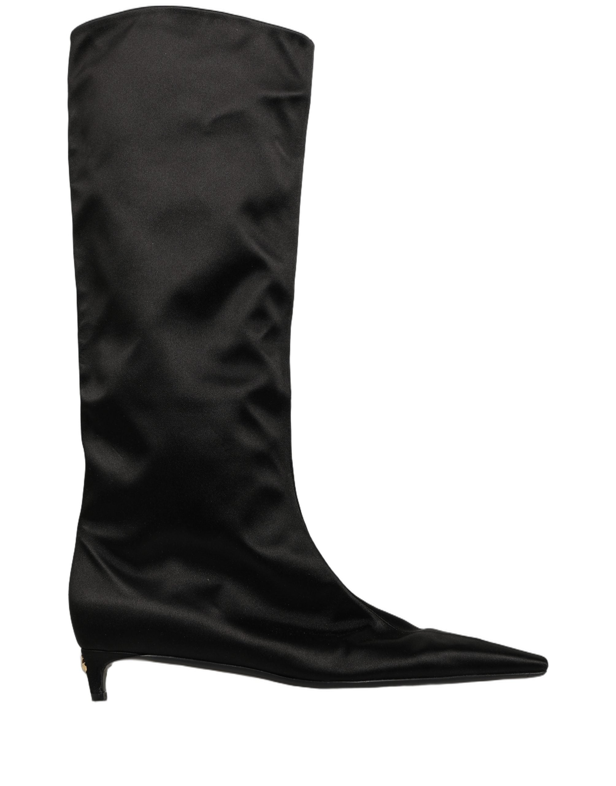 Bottes hautes en satin noir Dolce & Gabbana, bottines à talon moyen, élégantes et sophistiquées, pour femme.