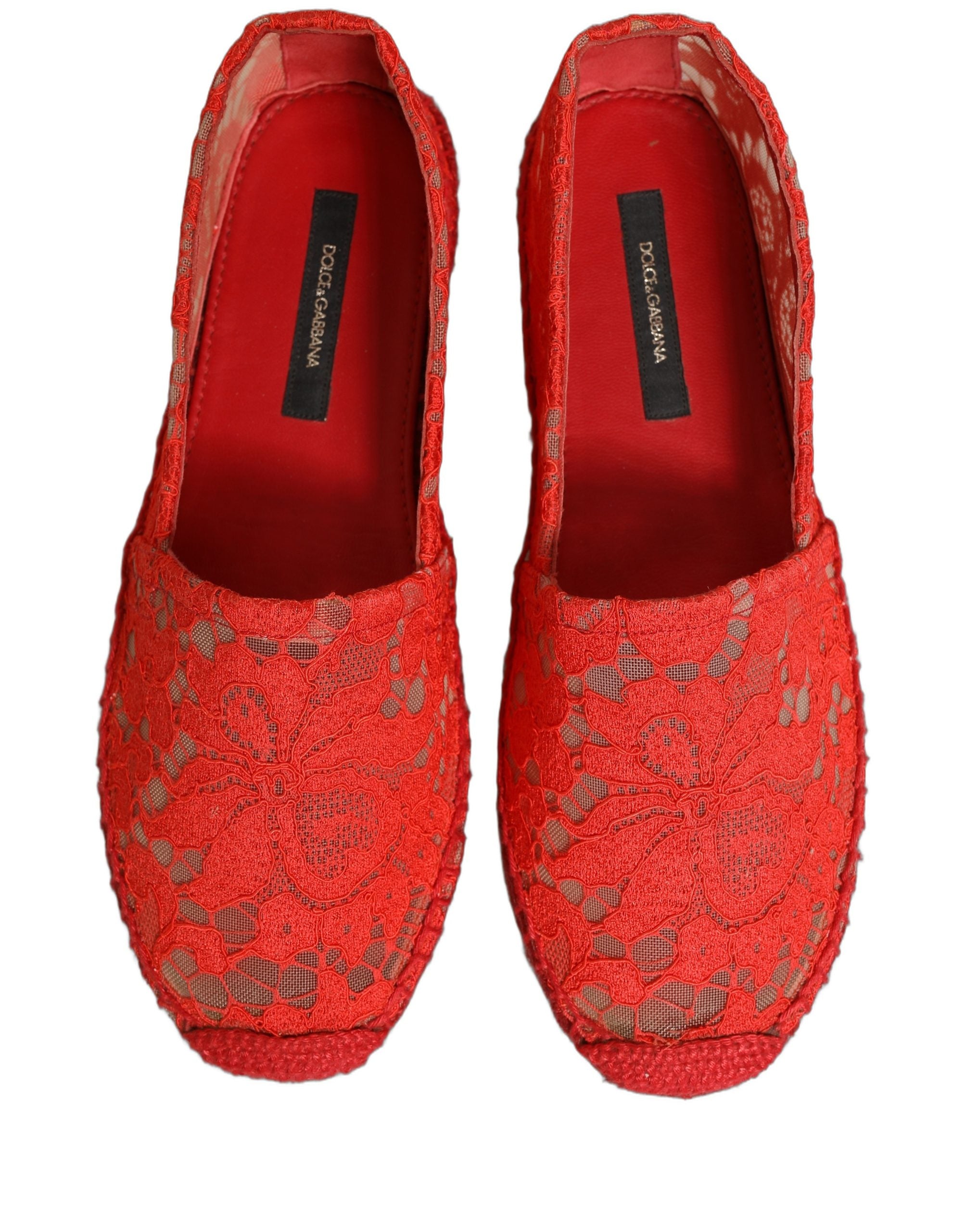 Chaussures plates en dentelle rouge Dolce & Gabbana Taormina, espadrilles élégantes en toile avec semelle en corde.
