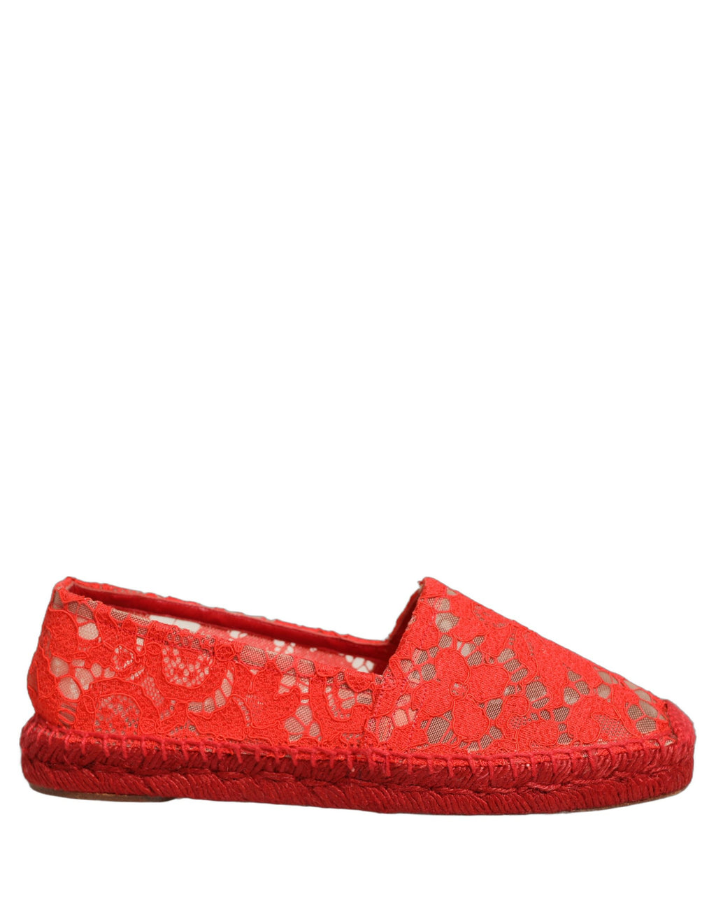 Espadrilles plates Dolce & Gabbana Taormina en dentelle rouge avec semelle en corde, chaussures confortables et élégantes.