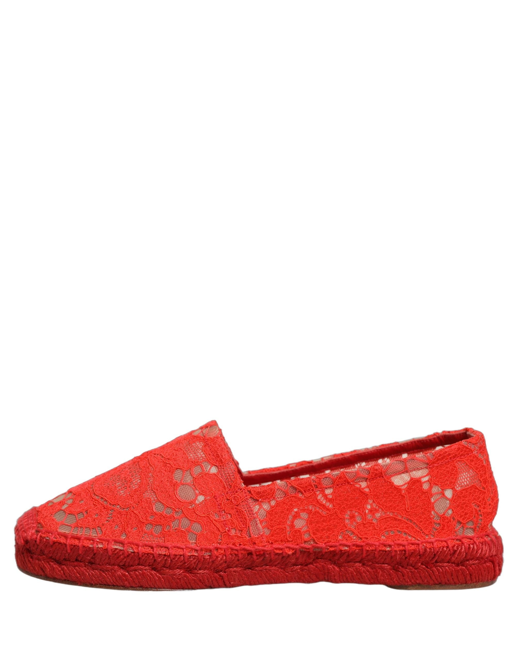 Chaussures plates en dentelle rouge Dolce & Gabbana Taormina Espadrilles, chaussures élégantes en toile avec semelle en corde.