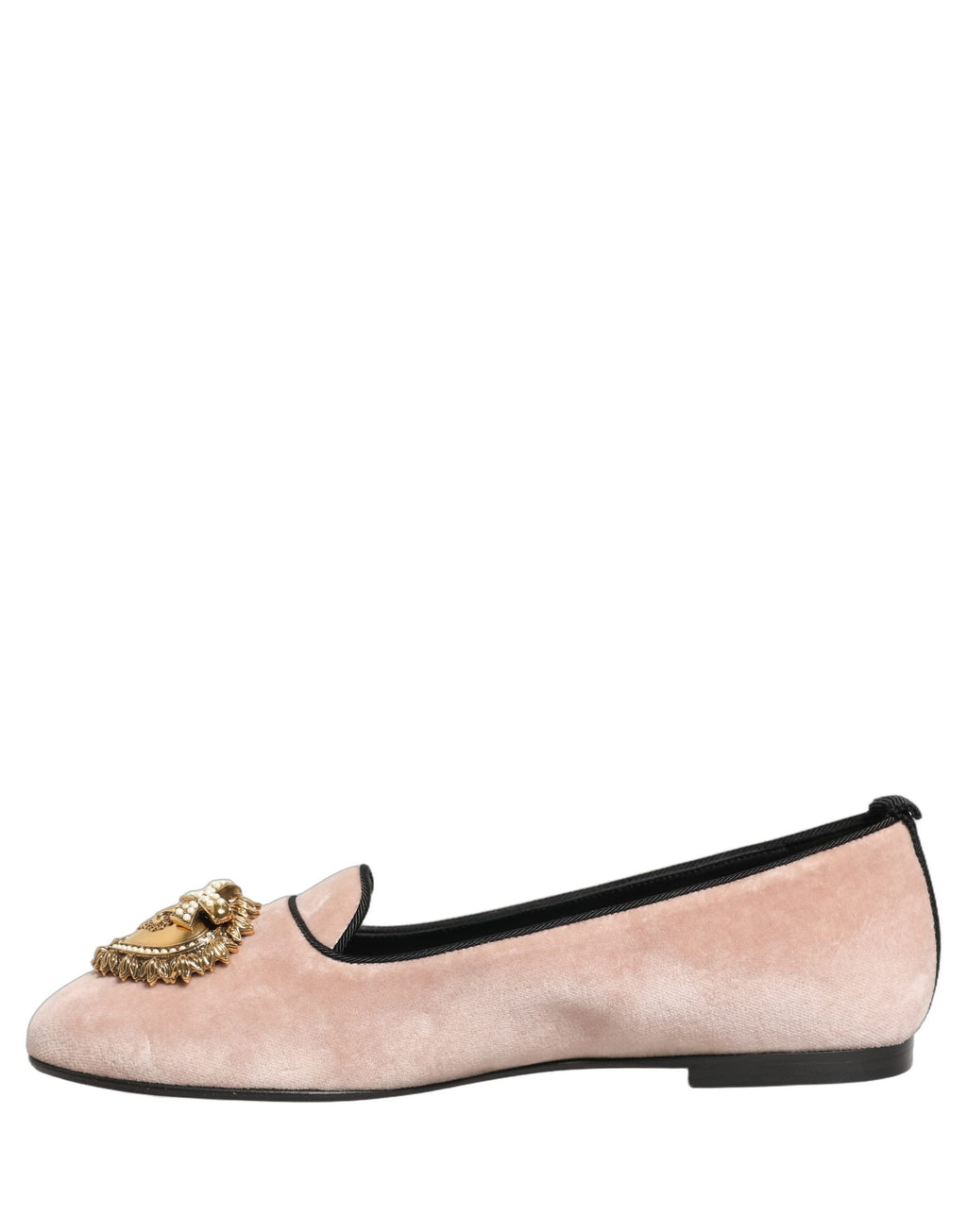 Chaussures plates Dolce & Gabbana Devotion en velours rose, mocassins élégants pour femme, vue en gros plan.